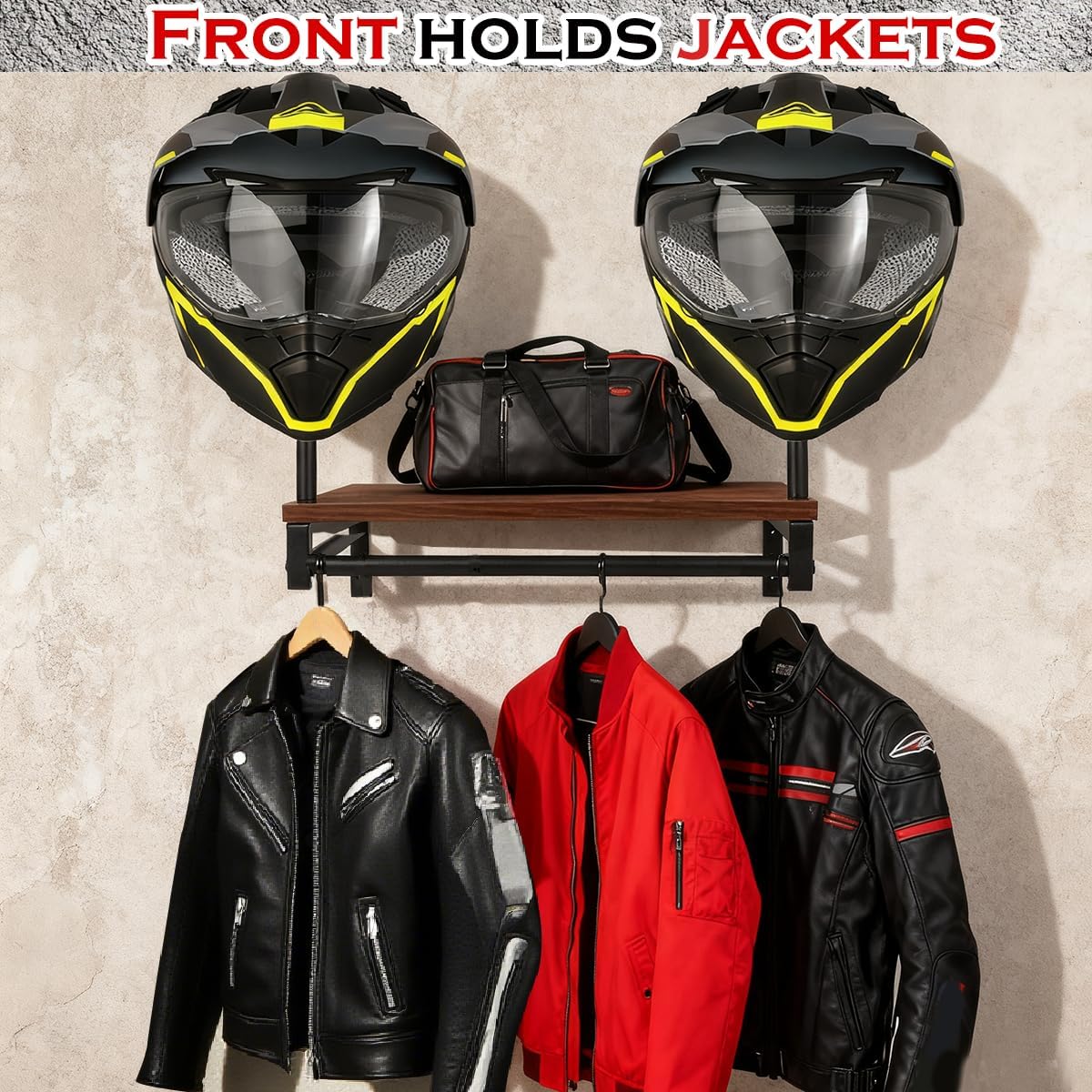 Motorcycle Helmet Holder Wall Mount, Gear Storage Rack with 4 Glove Clips, Wood and Metal Helmet Stand
