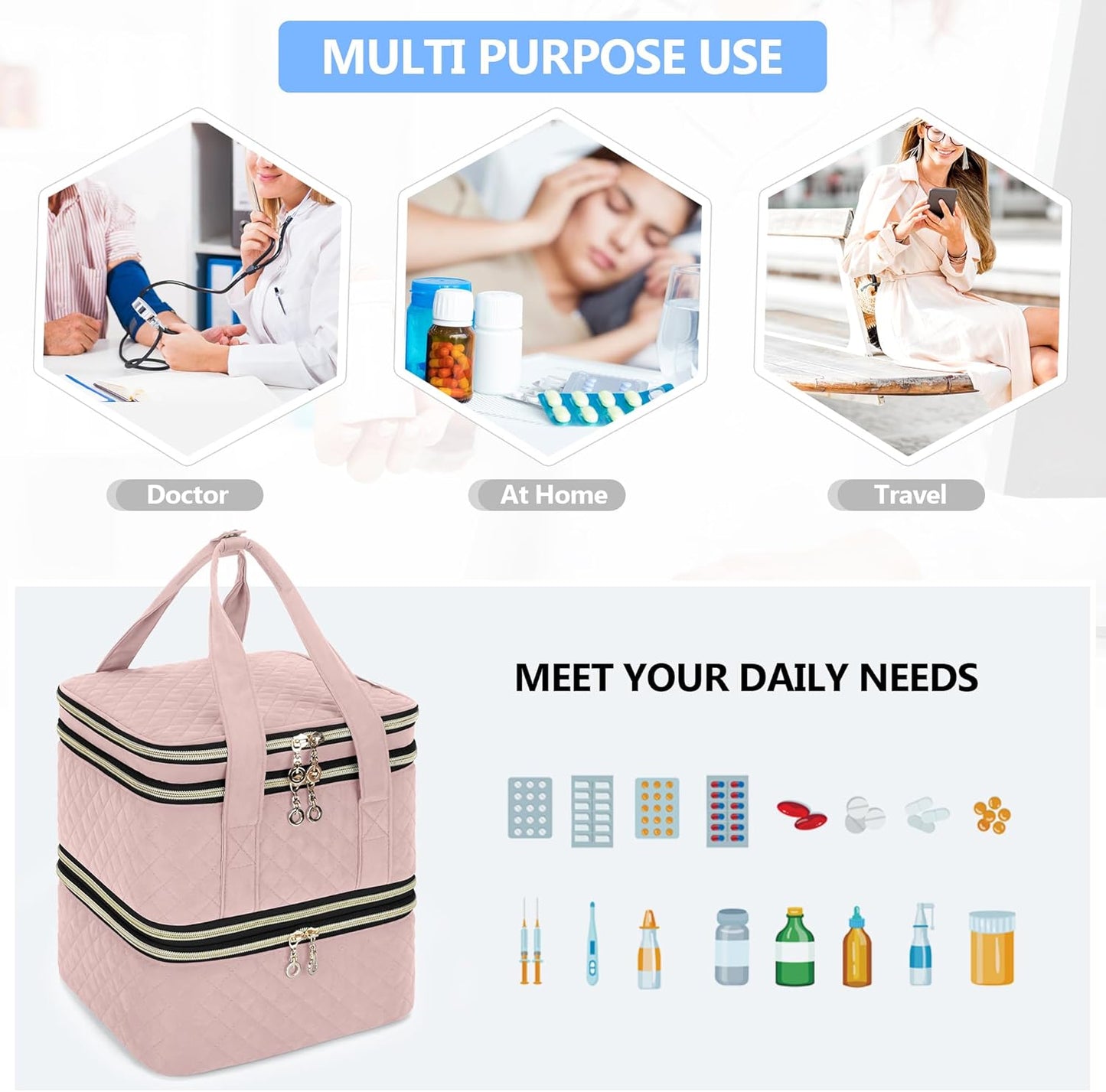 Yarwo Pill Bottle Organizer Storage Bag, 3 Layers Medicine Travel Case Empty with Demountable Design and Dividers for Pills, Potions, Vitamins and Emergency First Aid Supplies, Dusty Rose (PATENTED)