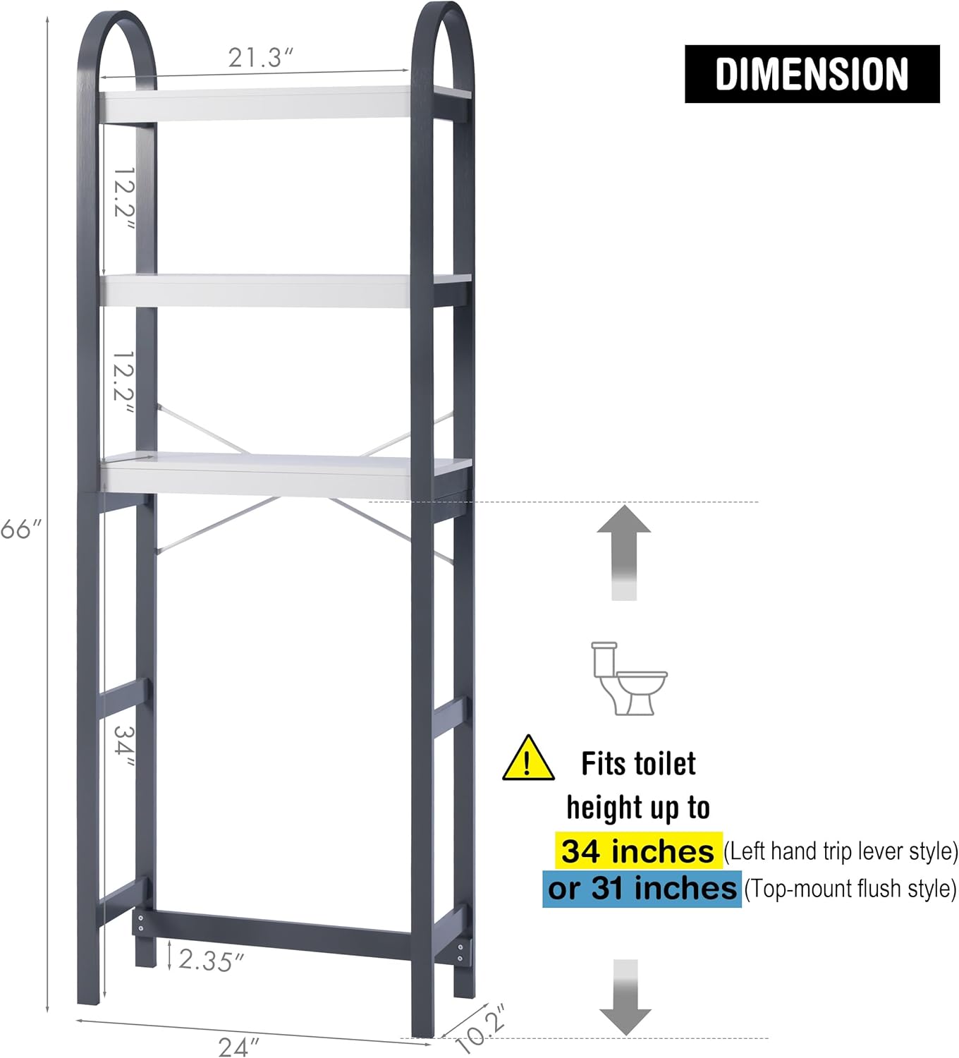 Spirich Over The Toilet Storage Shelf, 3-Tier Over Toilet Bathroom Organizer, Space-Saving Above Toilet Storage Shelf Rack with Bamboo Frame, Gray