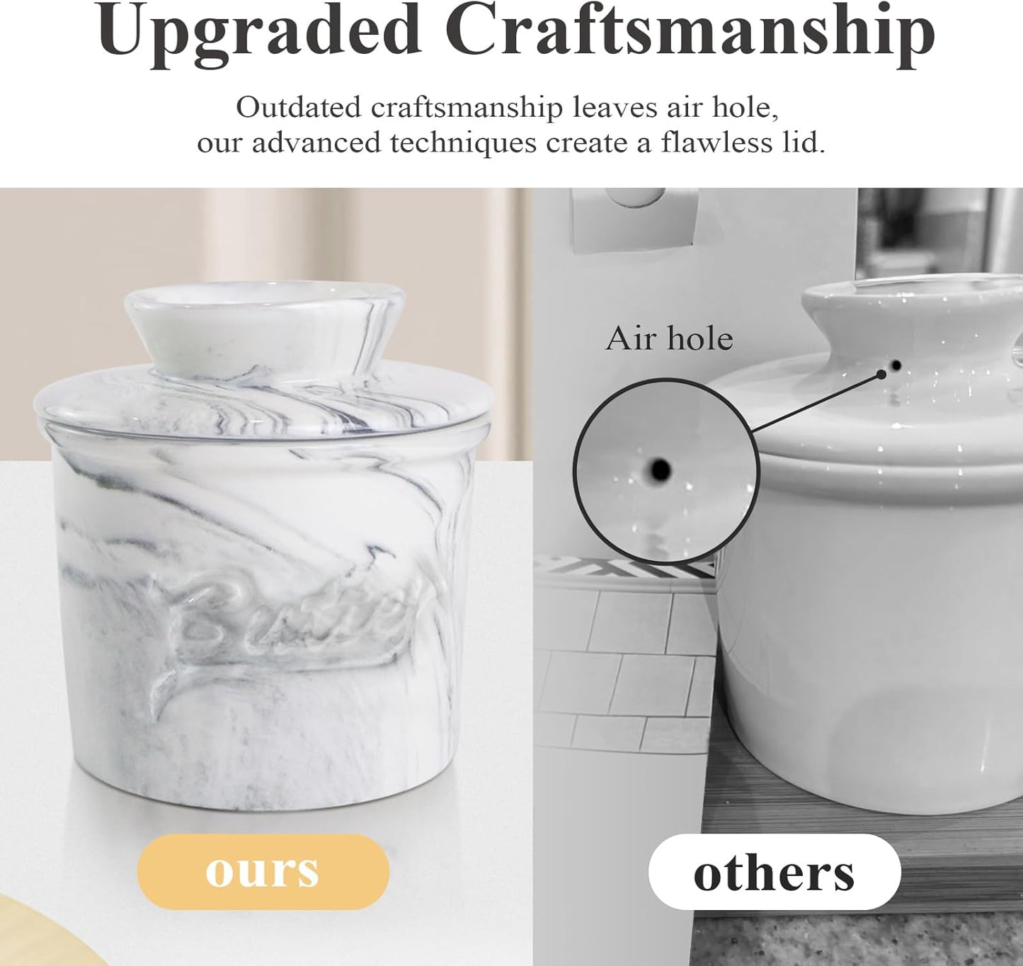 Butter Crock for Counter with Water, French Butter Keeper for Spreadable Butter Marble Ceramic Butter Dish with Lid for Countertop, Butter Container Holder
