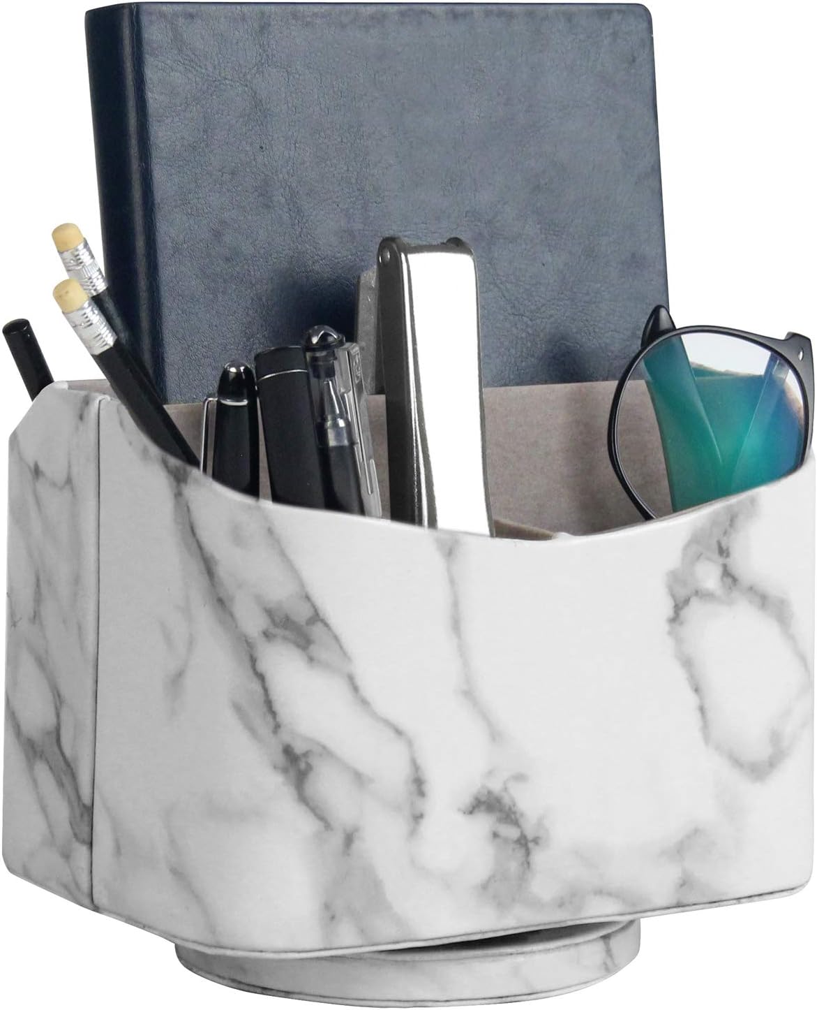 HofferRuffer Spinning Remote Control Holder, Remote Controller Holder, Remote Caddy, Media Storage Organizer, Spinning Remote Control Organizer, 7.3X 5.5 x 6 inches, Marble PU Leather