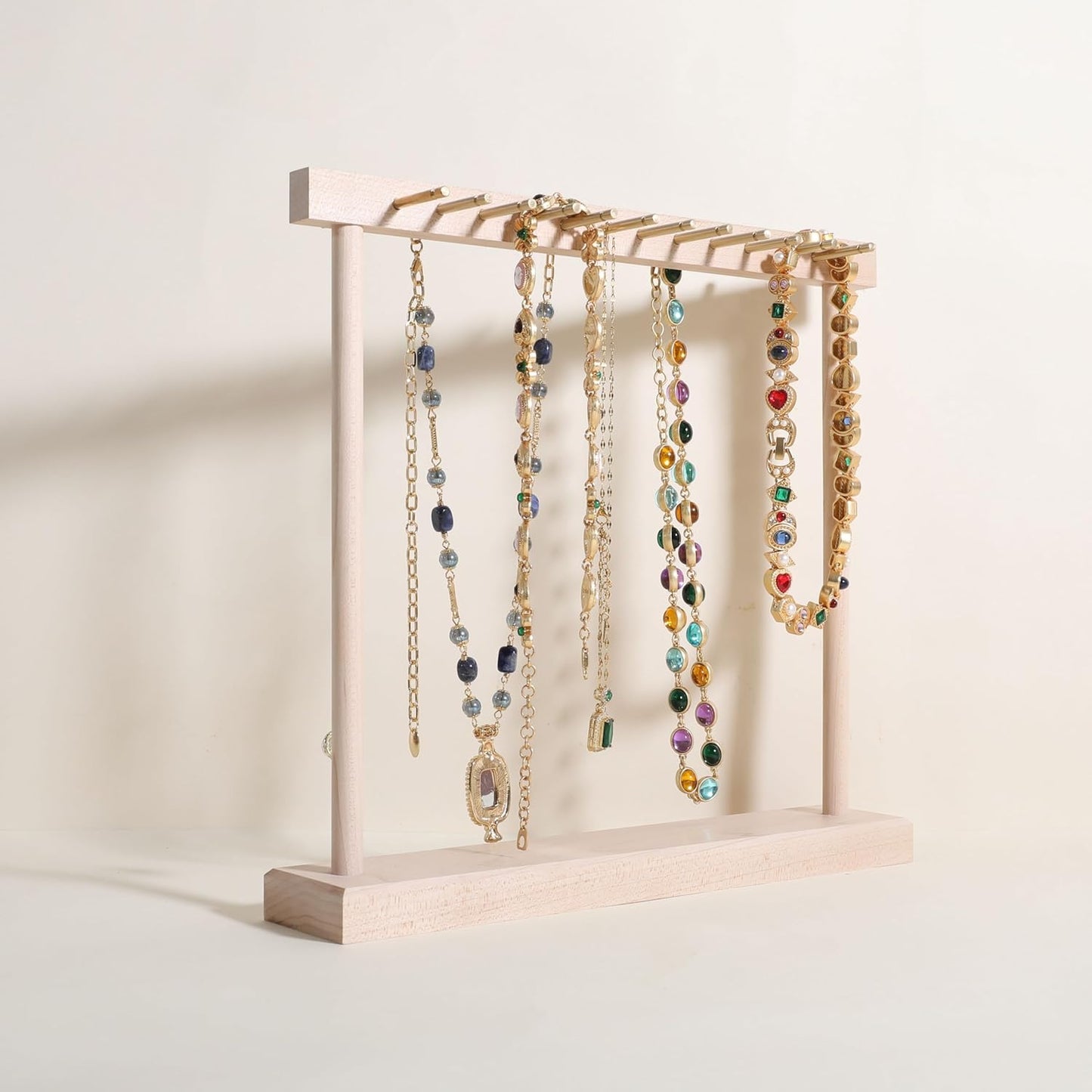 GemeShou Medium necklace hanger shelf with 12 copper bars, Wooden jewelry storage organizer rack for hanger necklace bracelet, necklace display stand for boutique store【Maple】