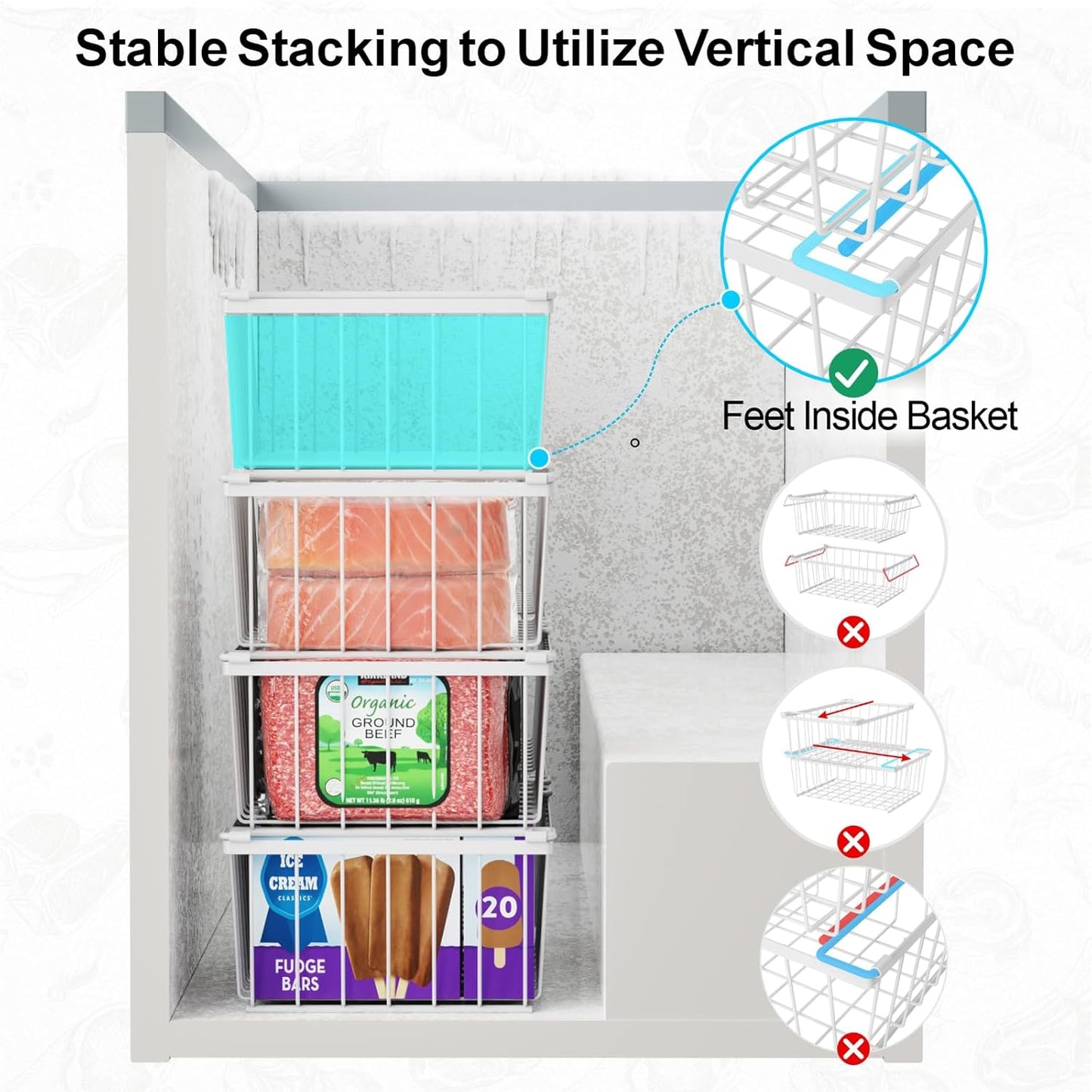 iSPECLE Chest Freezer Organizer Bins - 8 Pack Stackable Freezer Organizer for 5 to 7 Cu.Ft Freezer and Upright Freezer Over 8.5 Cu.Ft, Easy Get Food from Bottom, Add Extra Storage Space, White