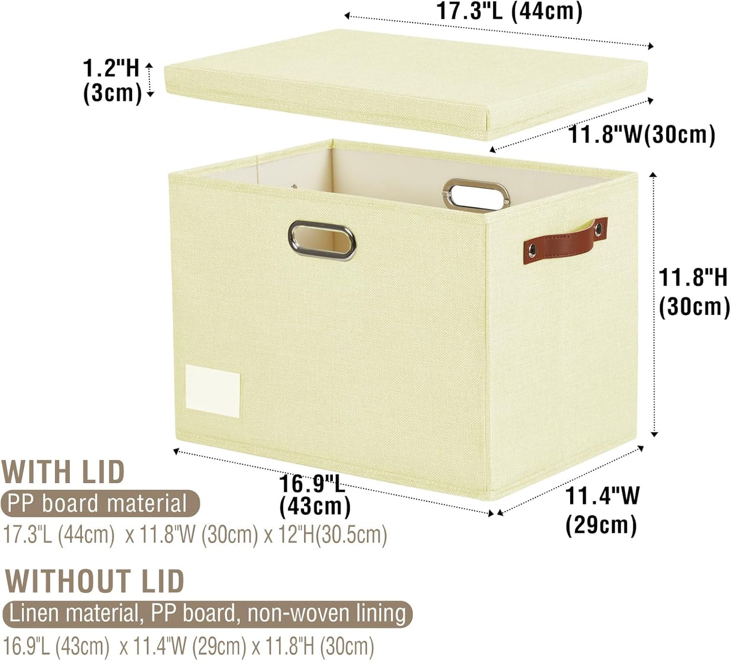 17" Large Collapsible Storage Bins with Lids, Stackable Closet Organizers with PU Handle and Labels, 3-Pack Decorative Fabric Storage Boxes for Home, Bedroom, Closet, Office, Nursery(Beige)