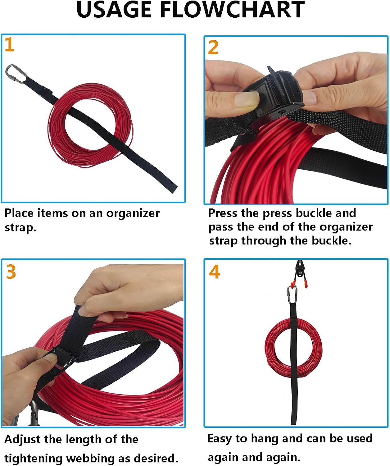 Extension Cord Holder, Extension Cord Organizer for Cables, Hoses and Ropes, Extension Cord Storage for Garage Organization and Storage with Loop Lock Buckle for Hanging (Black/Set of 2)