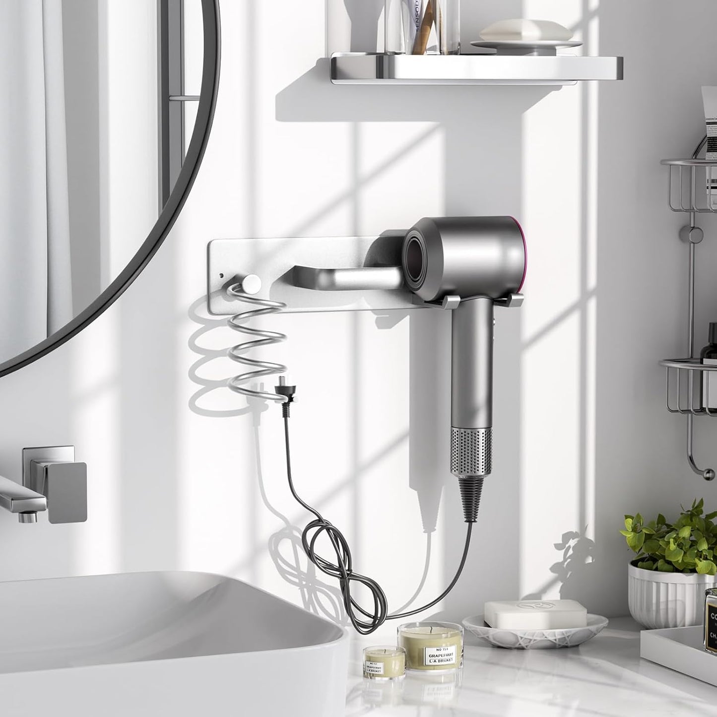 Tindbea Hair Dryer Holder Curling Iron Holder Flat Iron, Blow Dryer Holder Wall Mount, 3 in 1 Bathroom Hair Tool Organizer Rack for Universal Dryer, Silver Color