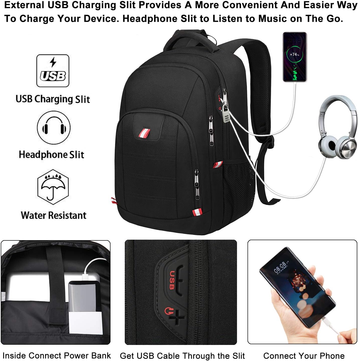 Della Gao Travel Laptop Backpack, Black Backpack for Men and Women with USB Slit Business Computer Back Pack (Black, 15.6 Inch)
