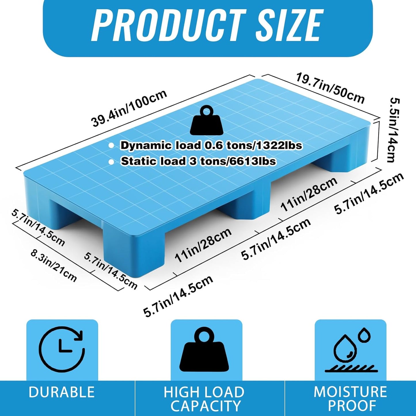 2 Pcs Plastic Pallet for Basement Storage Easy Stack Lightweight Floor Pallet Display Flooring Room Supermarket Christmas, Support up to 2000 Lbs (40'' L X 20'' W X 5.5'' H,Blue)