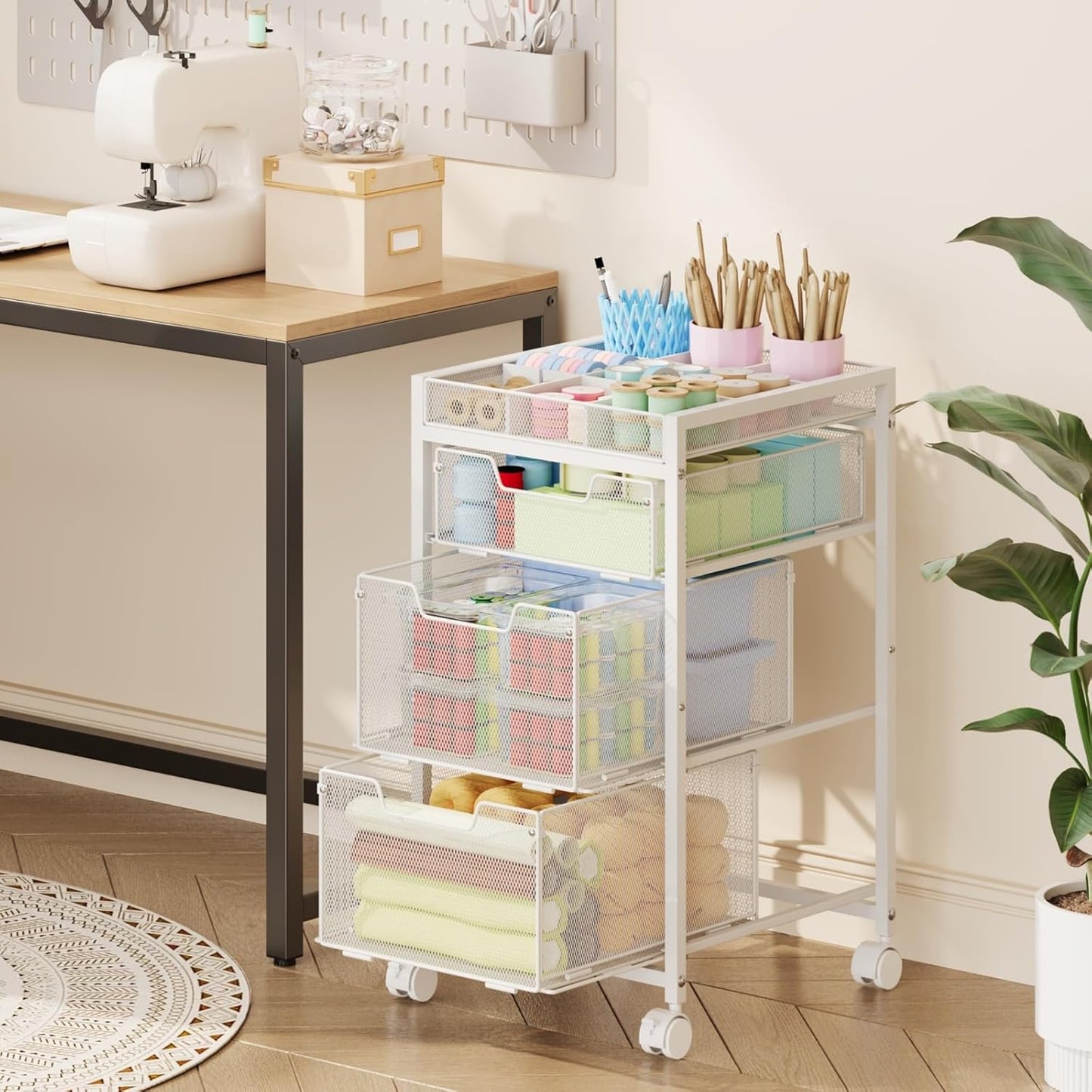 Rolling Utility Cart with 3 Drawers, Craft Organizer and Storage with DIY Divider, Lockable Wheels, Multi-Functional Storage for Art Supplies, Store for Brushes & Paints & Artifacts,White
