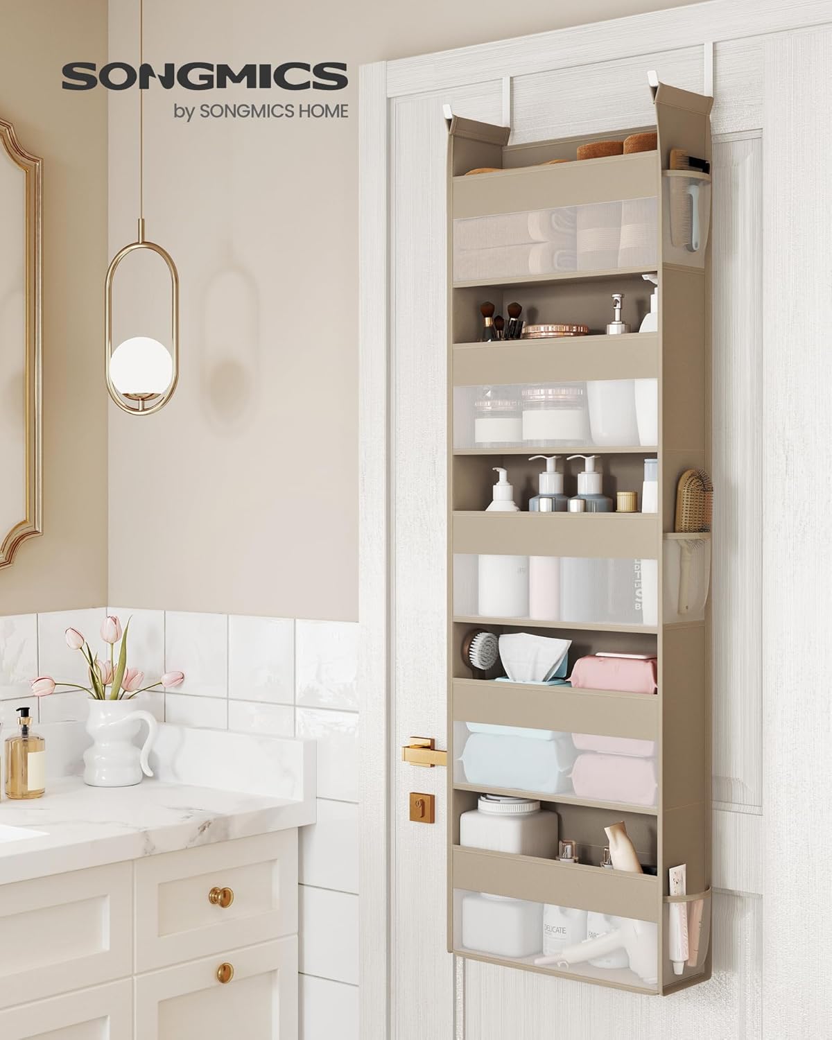 SONGMICS Over The Door Organizer, Hanging Door Organizer with 5 Large Pockets, 5-Tier Fabric Storage, Transparent Nylon Mesh, Foldable, Metal Hooks, with Side Pouches, Summer Sand URDH007Y01