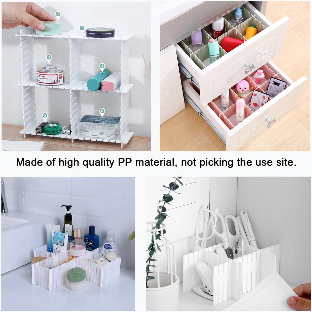 24pcs freely adjustable drawer dividers for organizing messy clothes, cosmetics, stationery, tableware, daily sundries, suitable for kitchen, living room, bathroom, study, office (white)