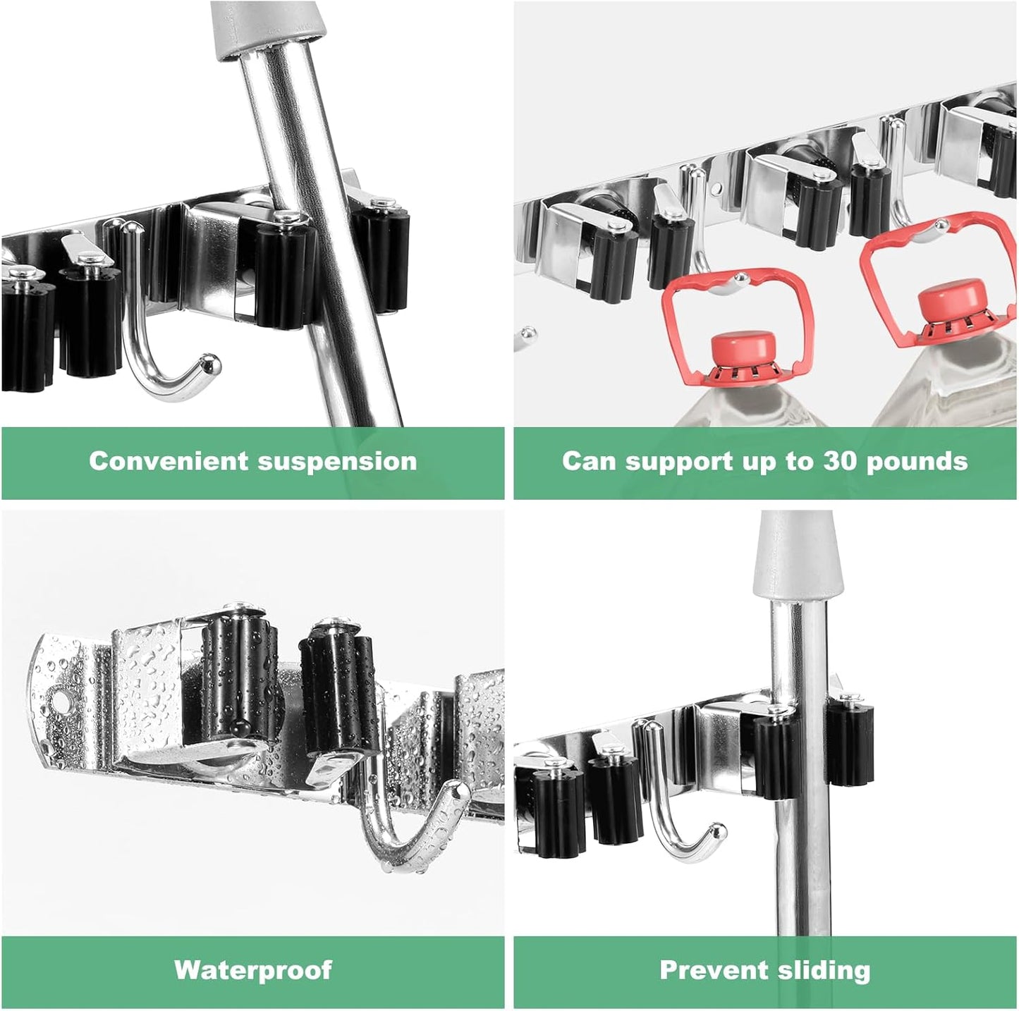2 Pack Broom Holder Wall Mount 5 Racks 4 Hooks Stainless Steel Broom Mop Holder Anti Slip Storage Rack Strong Load Bearing Waterproof Broom and Mop Organizer Wall Hanging for Bathroom Kitchen Garage