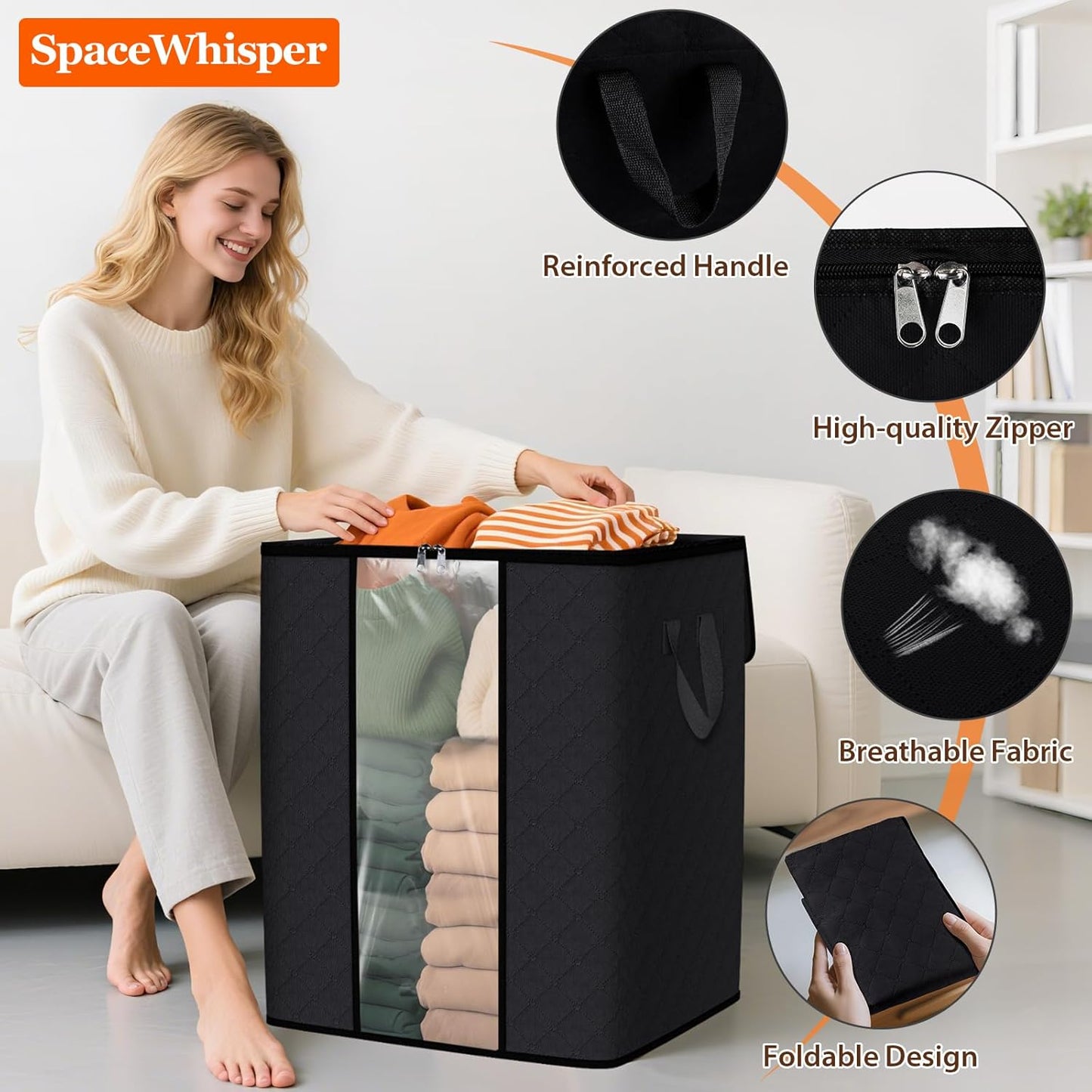 SpaceWhisper 6 Pack 100L Clothes Storage, Foldable Thick Fabric Blanket Storage Bags, Containers for Organizing Bedroom, Closet, Clothing, Comforter,Closet Organization with Handle,Black