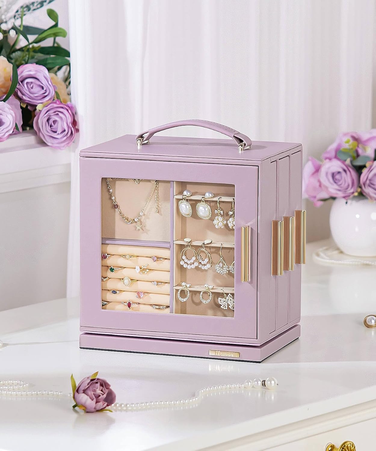 Homde Christmas Gifts Jewelry Box 360° Rotating, Necklace Earring Organizer with Transparent Window, Mirror, 7 Drawers, Large Ring Display Storage Case for Girls Women (Grey Purple)