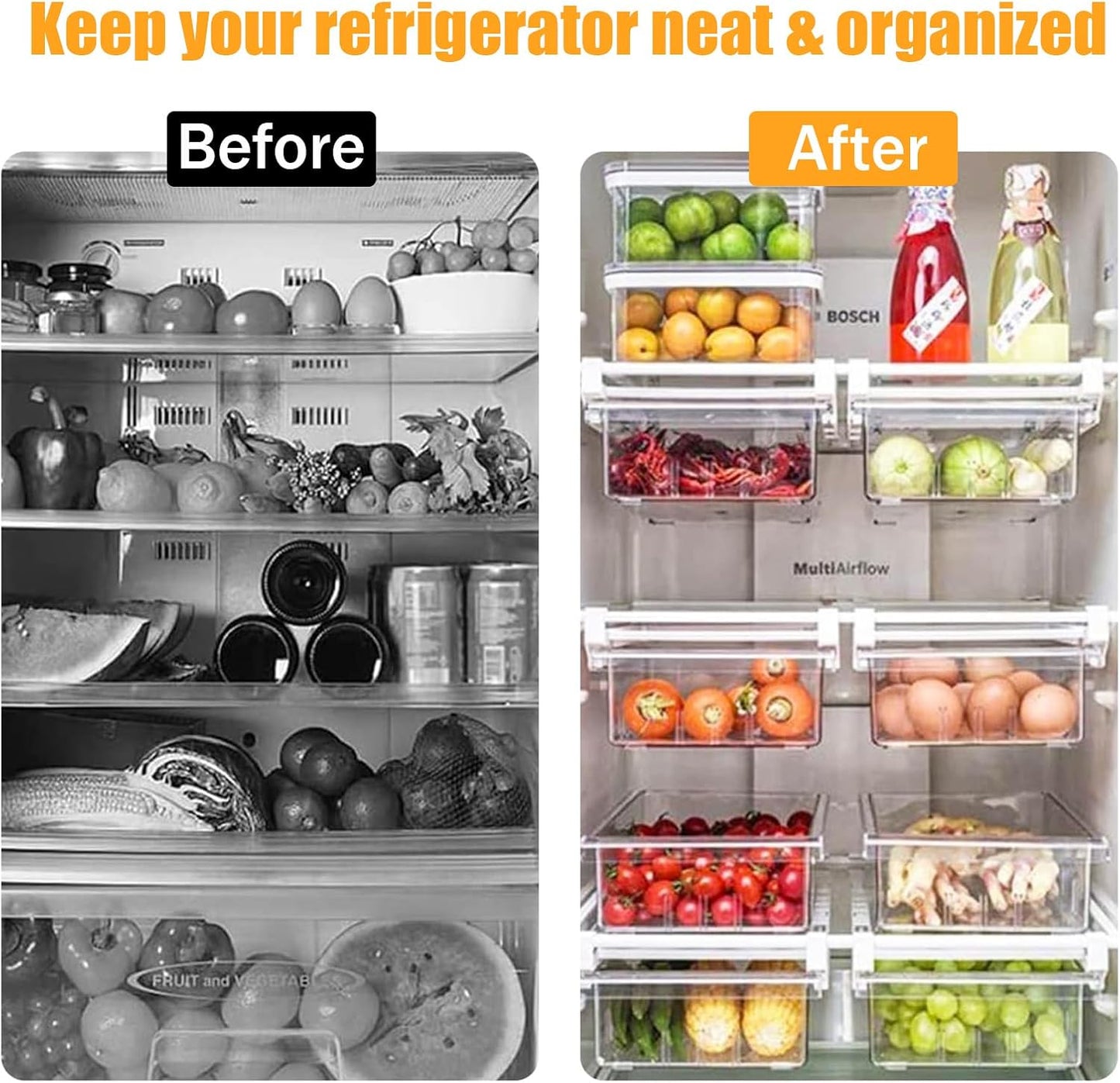 URALFA 2 Pack Fridge Drawer Organizer Egg Holder For Refrigerator Pull Out, Refrigerator Drawers for Fruit and Vegetable, Transparent Organization and Storage Box Fit for Fridge Shelf