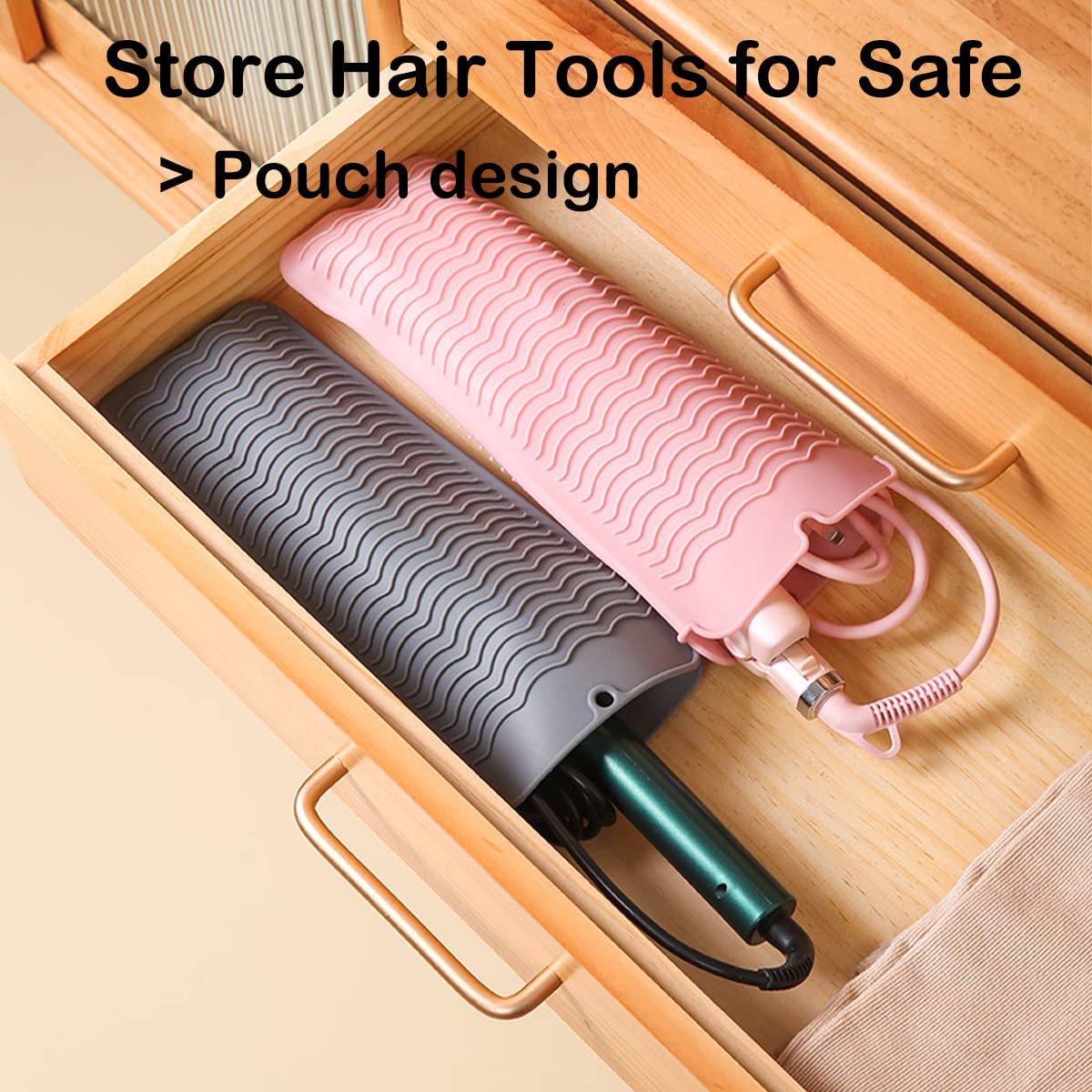 2 Heat Resistant Silicone Mat with Hanging Hole, Straightener Heat Resistant Travel Mat & Pouch for Curling Iron, Flat Iron and Other Hot Hair Styling Tools, 11 x 5 in, Gray