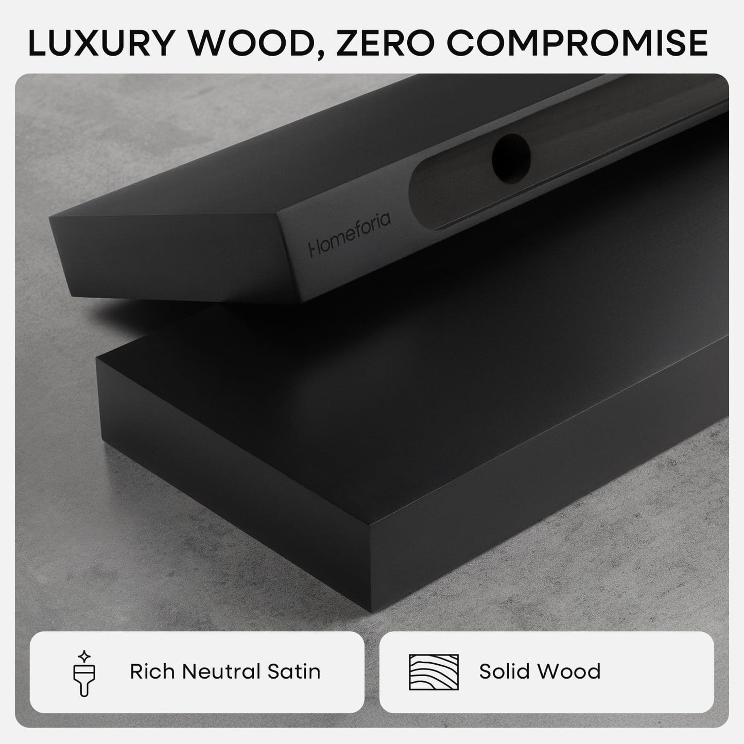 Homeforia Floating Black Shelf 42 inch, High End Solid Real Wood 42 inches Long Floating Shelves for Wall, Black Wooden 42inch Large Floating Shelves, Heavy Duty Bracket, 42 X 6.5 X 1.75 in, Set of 3