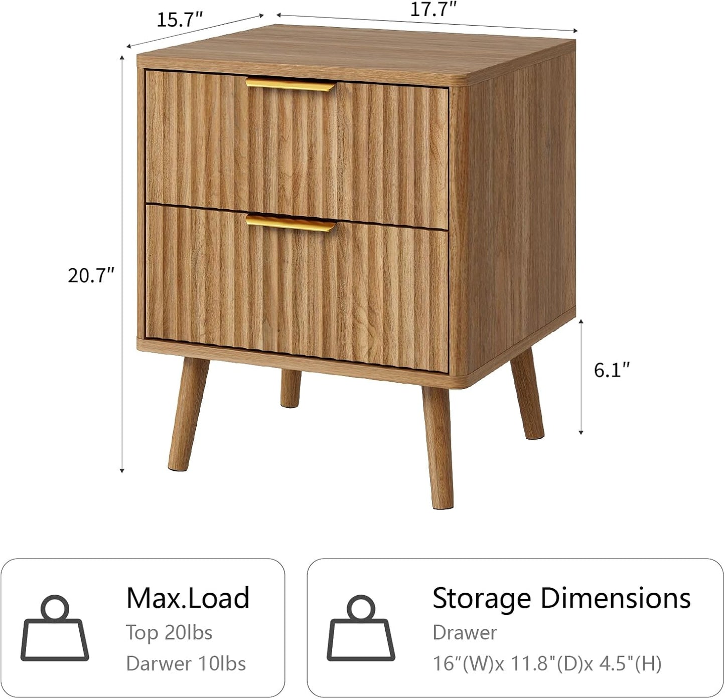 CARPETNAL Fluted Nightstand Set of 2, Walnut Bedside Table with 2 Drawers and Gold Handles, Wood End Table Mid Century Night Stands for Bedroom Living Room