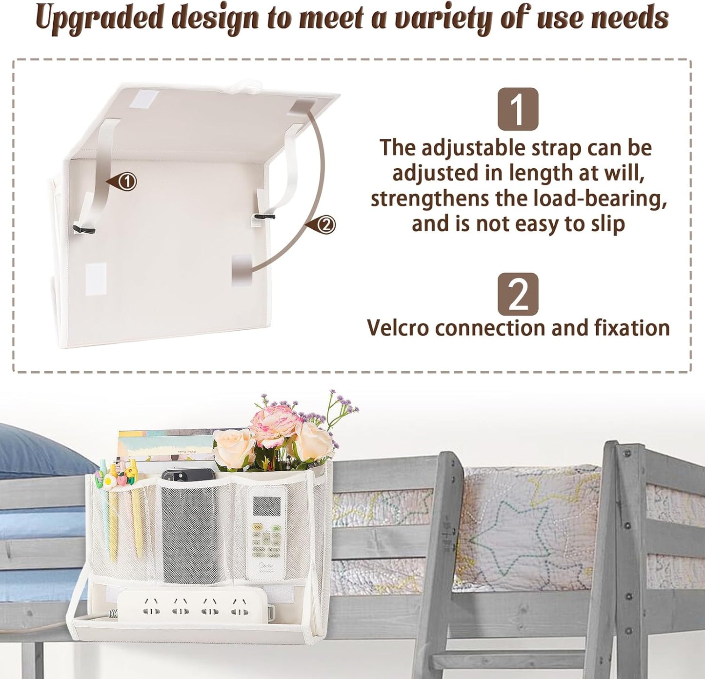 Bedside Caddy Bedside Storage Organizer Bedside Organizer with Power Strip Holder and 2 Adjustable Straps for Home Bunk Bed College Dorm Sofa (2 Pack White)
