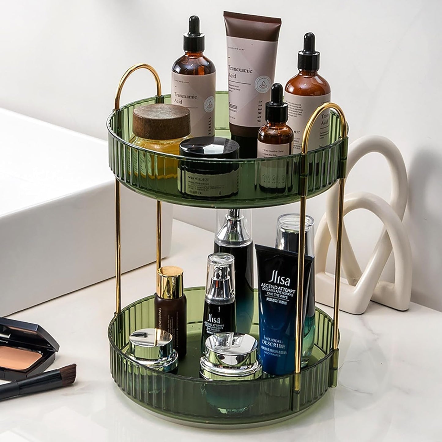 Rotating Makeup Organizer Countertop 2 Tier Lazy Susan Trays Clear Skincare Perfume Storage for Bathroom Counter Vanity, Green Gold