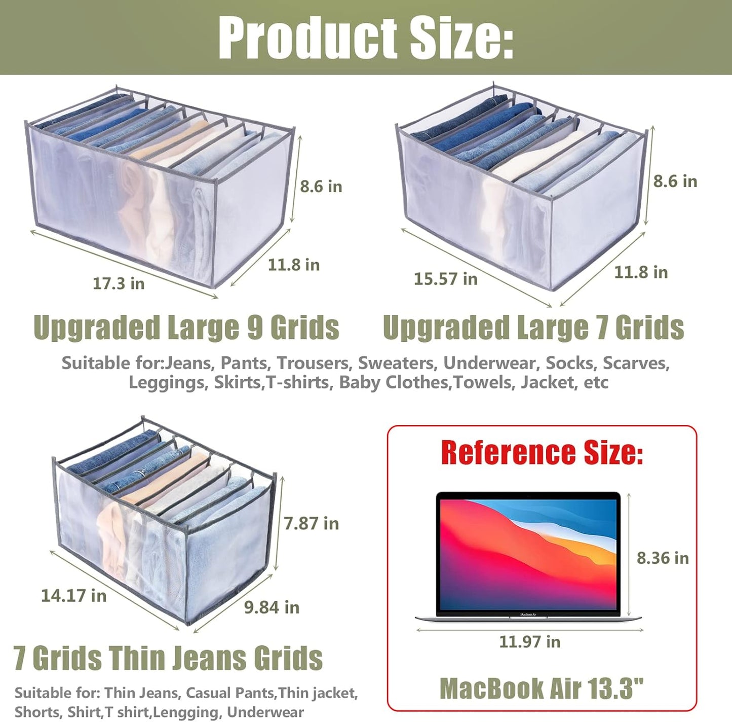 TOOVREN Wardrobe Clothes Organizer, 7 Grids, Drawer Organizers for Clothing, Foldable Closet and Storage Basket, Clothes Compartment Box, Bedroom Dorm Room, 4PCS, Gray