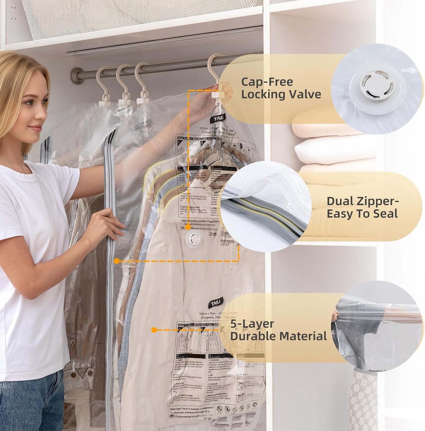 TAILI Hanging Vacuum Storage Sealer Bags Space Saver Bag for Clothing, Suits and Jackets, Closet Organizers, Travel, Set of 4 (2 Long, 2 Short), Clear