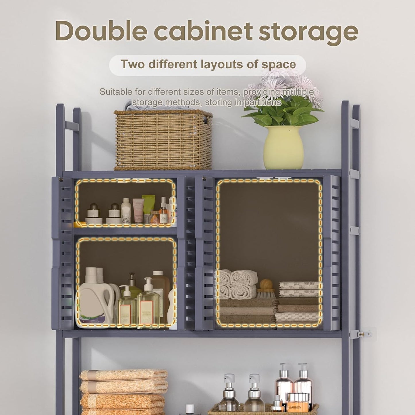 Over The Toilet Storage Cabinet with Paper Holder Stand,Bamboo Bathroom Organizer Shelf with Four Door and Waterproof Feet Pad,Space Saver Rack with Anti-Tip Design (Grey)