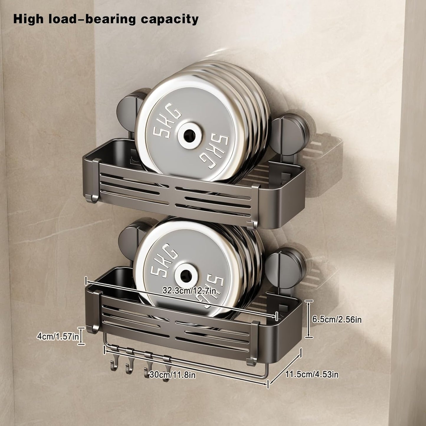 VOLPONE Shower Caddy Suction Cup No Drilling Suction Cup Shower Shelf Aluminum Bathroom Shower Organizer Storage Rack Adhesive with Towel Bar Hooks (2-Pack, Matte Gray)