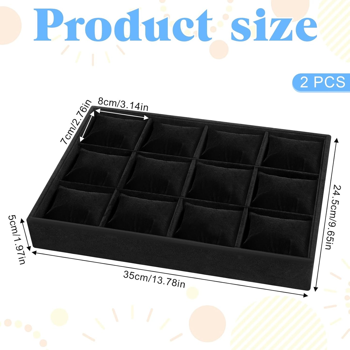 2 PCS Watch Holder Organizer for Men,12 Grid Watches Storage Box with Adjustable Bracelet Pillow, Boxwood Stackable Jewelry Trays, Watch Display for Selling, Women and Men -Black