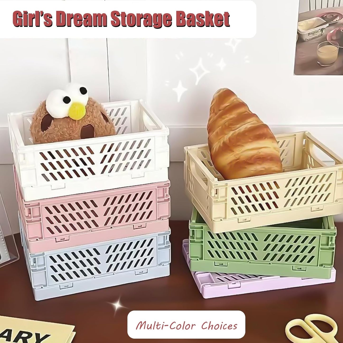 Small Pastel Plastic Storage Bins 2Pcs Foldable Pastel Crates Plastic Basket Colorful Storage Containers Baskets for Classroom Kitchen Office Bedroom Desktop Home Decor (White 5.8" x 3.8" x 2.2")