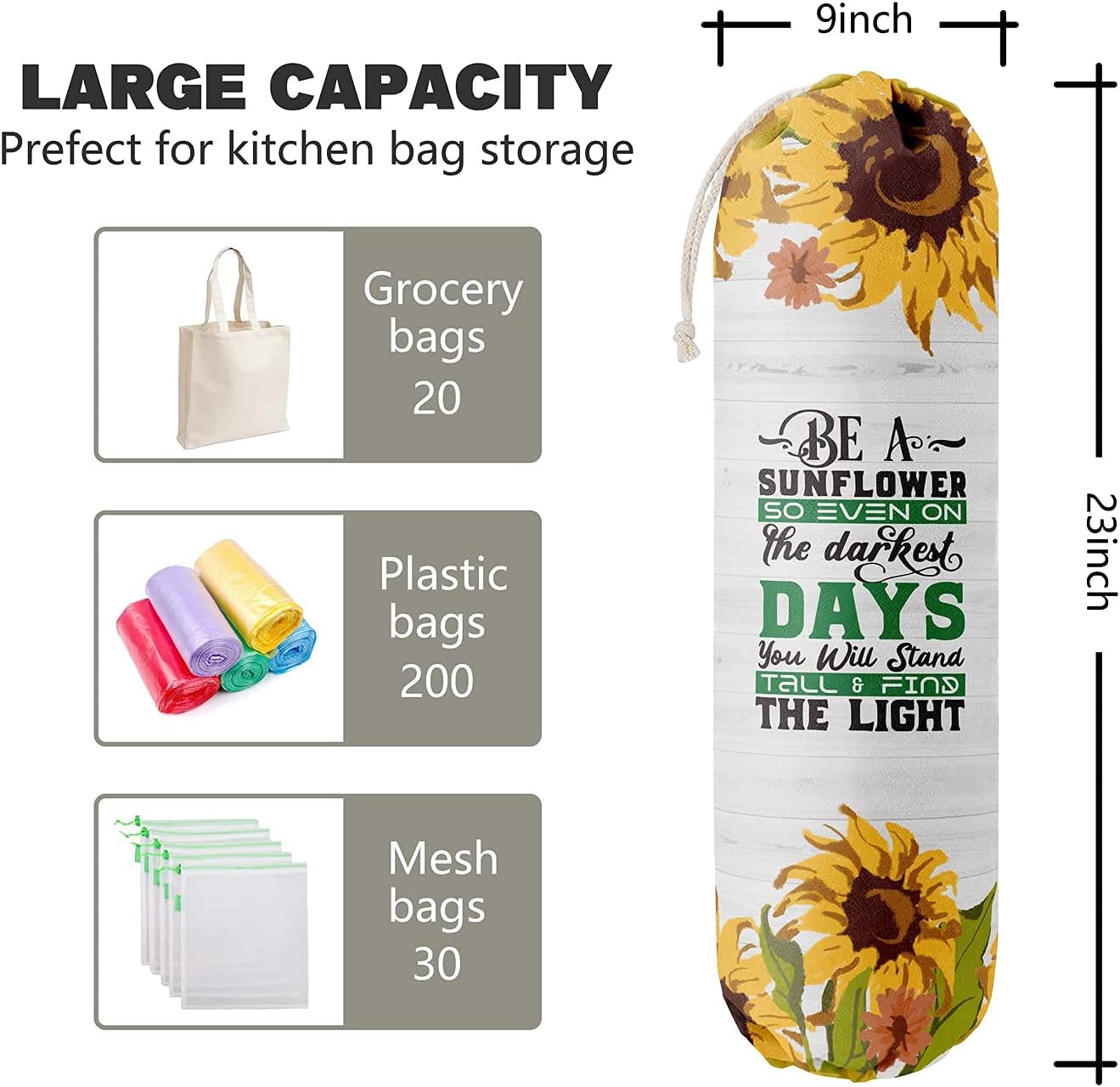 Sunflower Grocery Bags Holder Organizer - Wall Mount Plastic Bags Storage Container Dispenser - Gift for Women, Mother, Grandmother, Friend