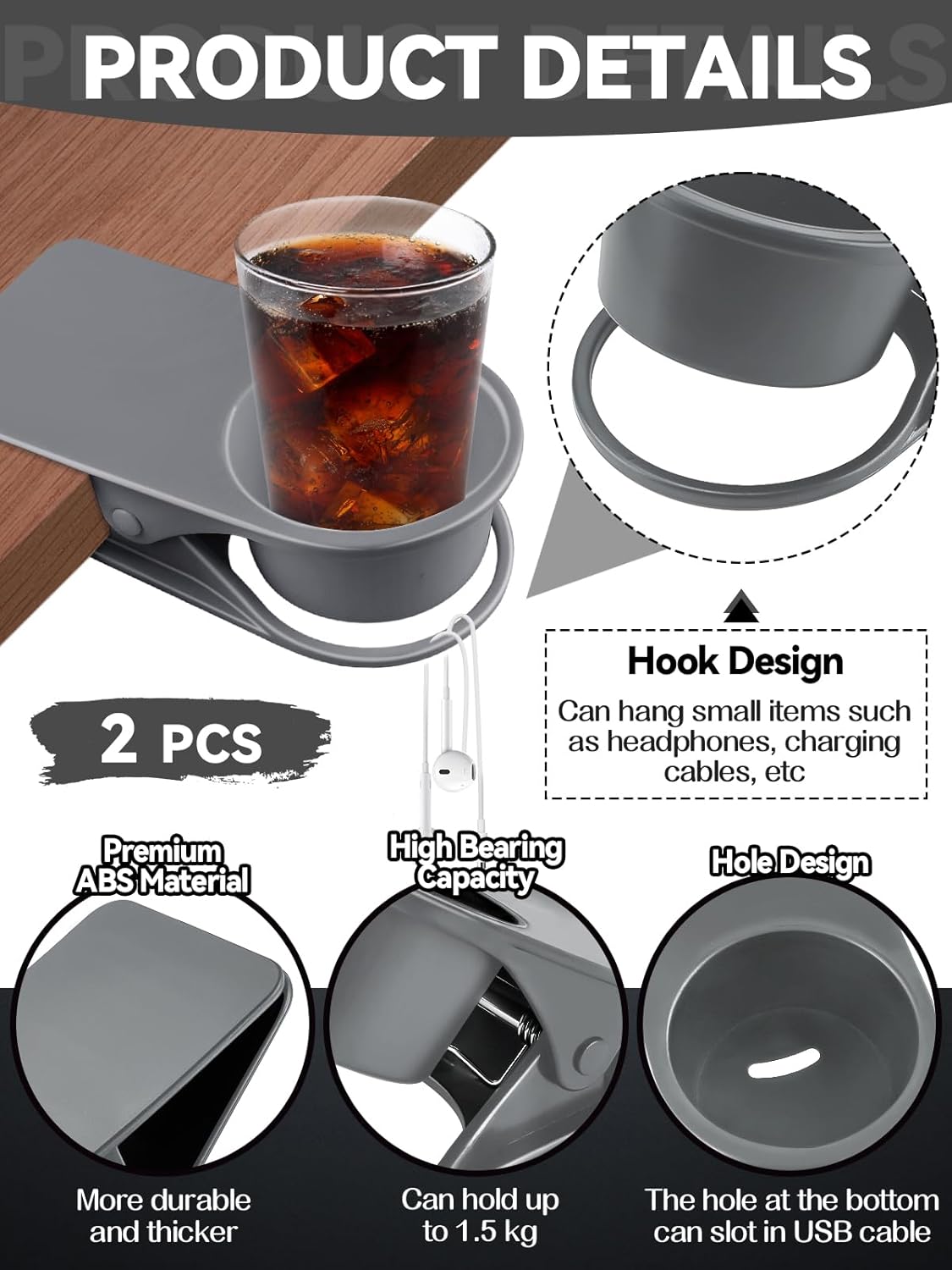 2PCS Drinking Cup Holder, Kalolary Desk Bottle Cup Stand DIY Glass Clamp Storage Saucer Clip Water Coffee Mug Holder Saucer Clip Design for Home & Office, Grey