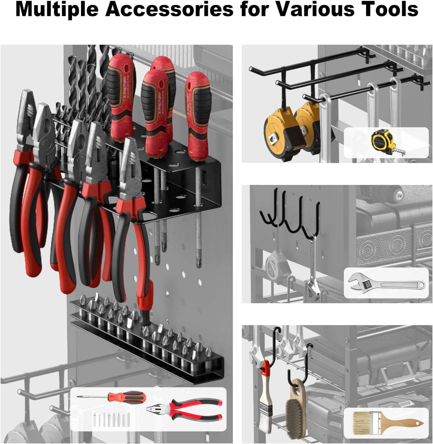 JUNNUJ Power Tool Organizer Floor Stand with Charging Station, Garage Adjustable Storage Rack Utility Tool Shelf with 8 Outlet 10 FT Power Strip, Heavy Duty Drill and Battery Holder