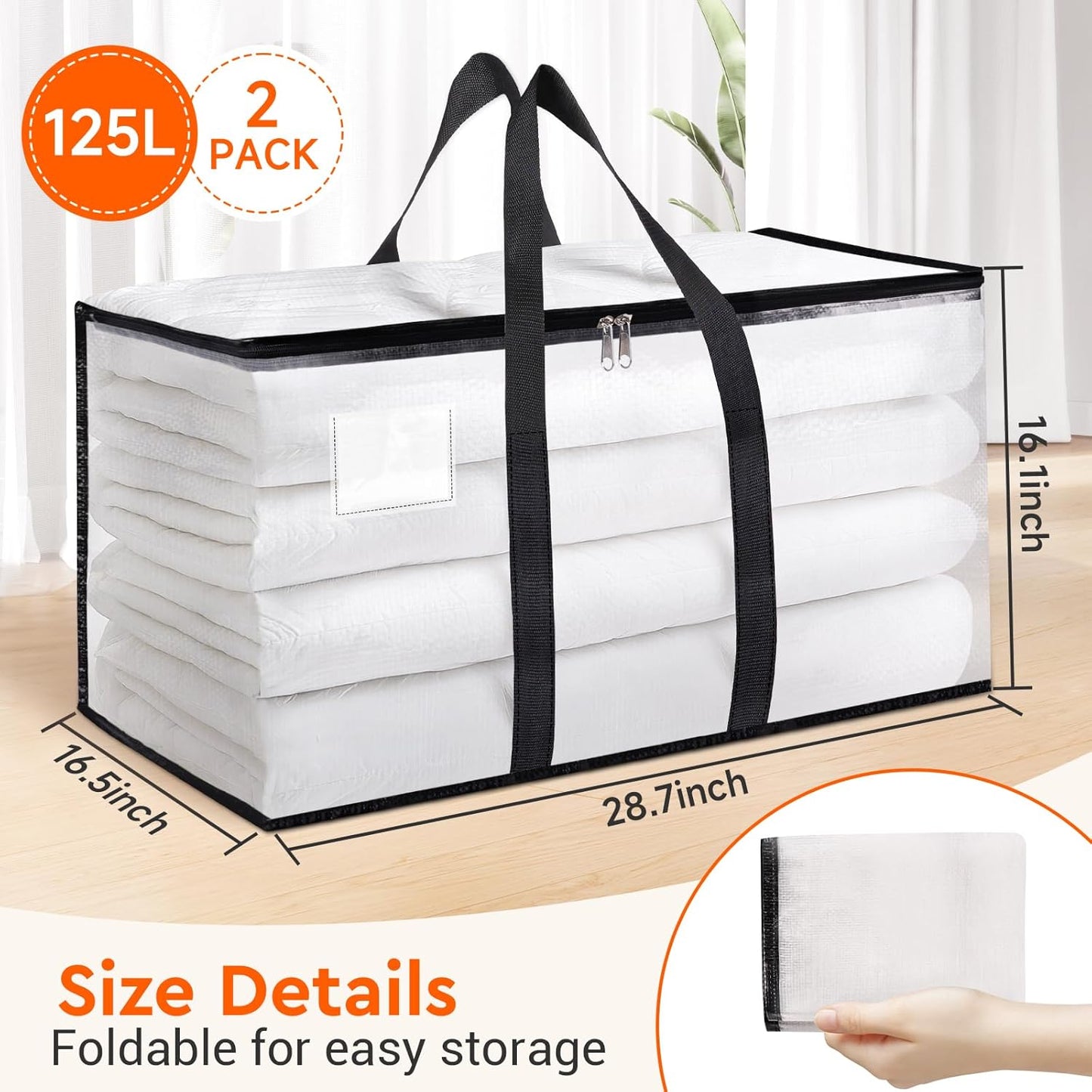 BlissTotes Moving Bags, 2-Pack Storage Bags, Moving Bags Heavy Duty Extra Large, Moving Totes, Clear moving Bags, Reinforced Handles & Tag Pocket, Christmas Totes (125L)