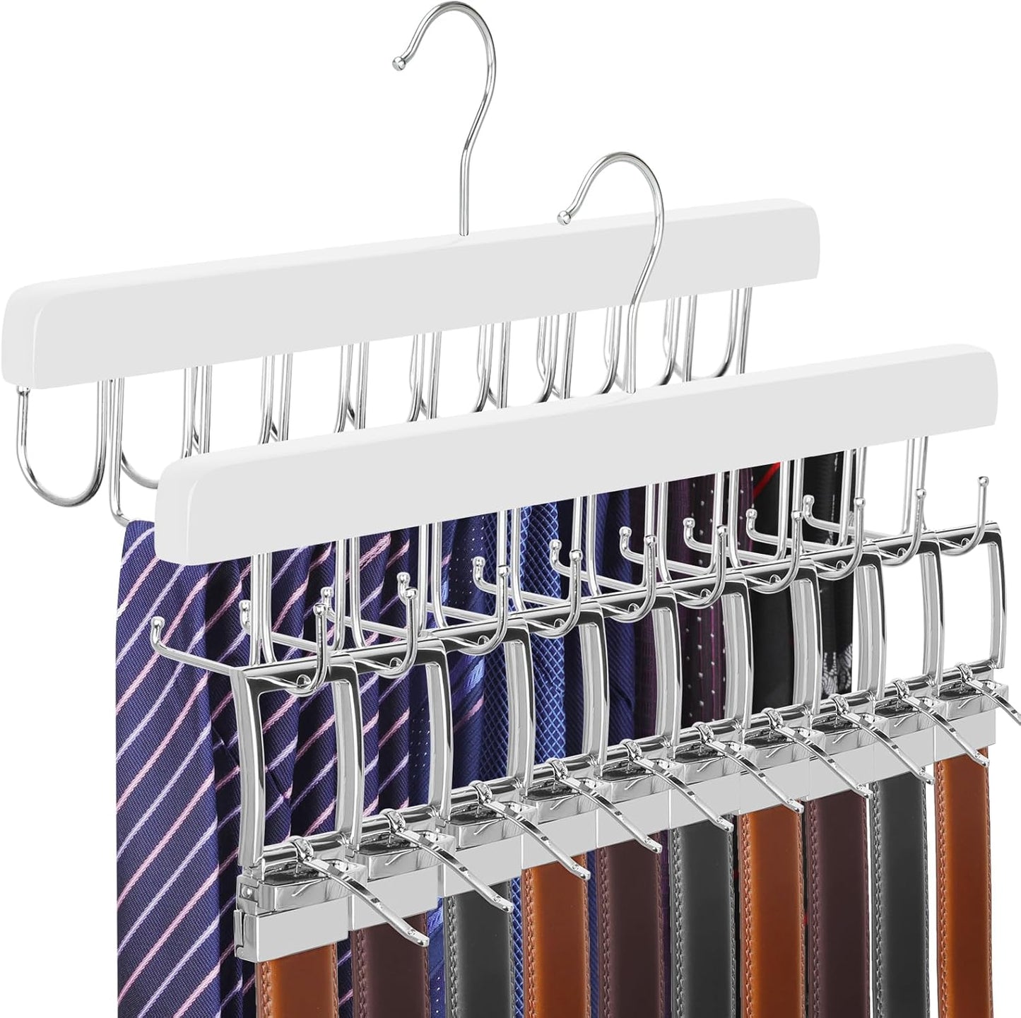 TOPIA HANGER 2 Pack 2 in 1 Belt Tie Hanger for Closet Max 60 Belts with 60 Ties Capacity, 40 Hooks Belt Tie Racks Wooden Hanger for Closet Organizer Storage “U” Fit Belt and “一” Fit Tie - CT52W