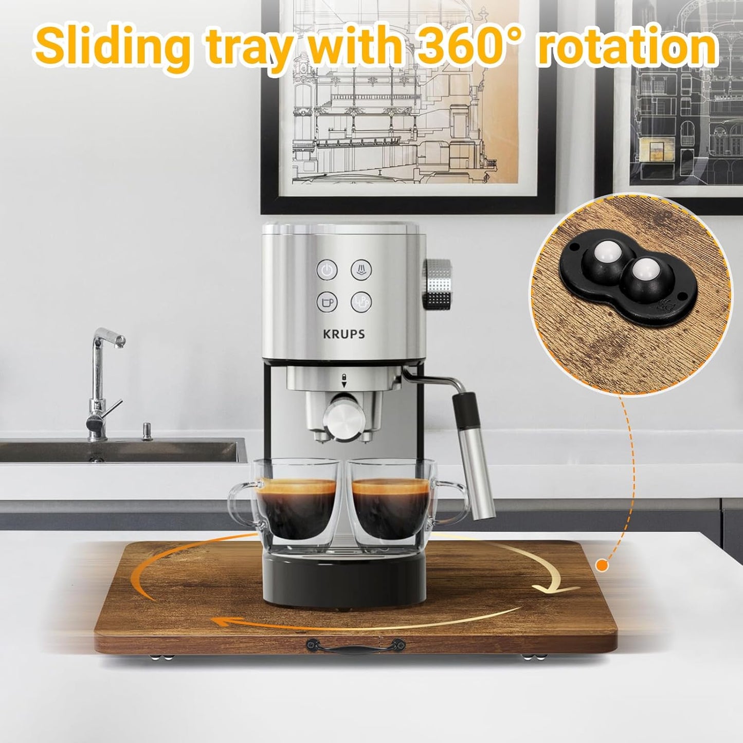 Sliding Tray for Coffee Maker, 360° Rotating Appliance Slider for Kitchen Appliances, Wooden Sliding Tray Suitable for Kitchen Countertops and Kitchen Appliances.(Brown, Large)