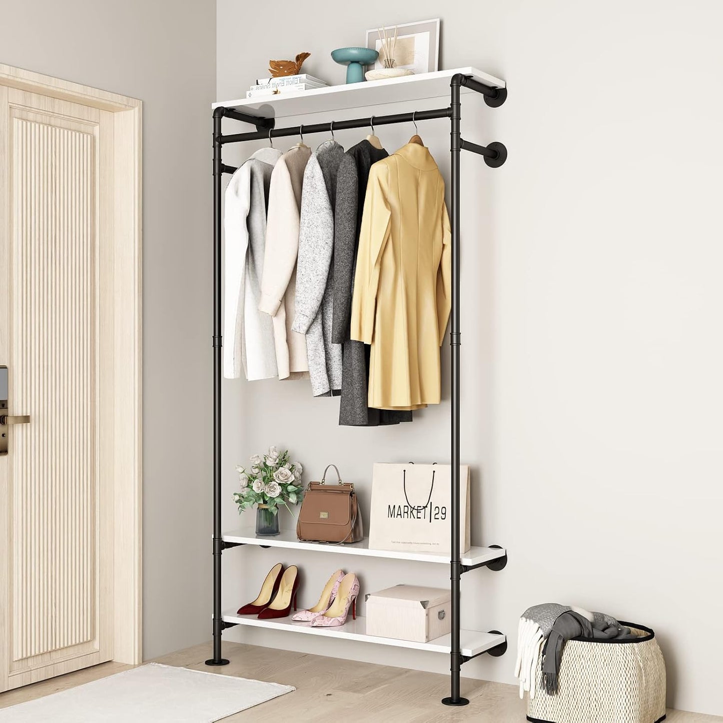Industrial Pipe Clothing Racks with Shelves, Wall Mounted Clothes Rack for Hanging Rods, Heavy Duty Black Clothing Racks With Three Shelves Retail Display Garment Rack for Home