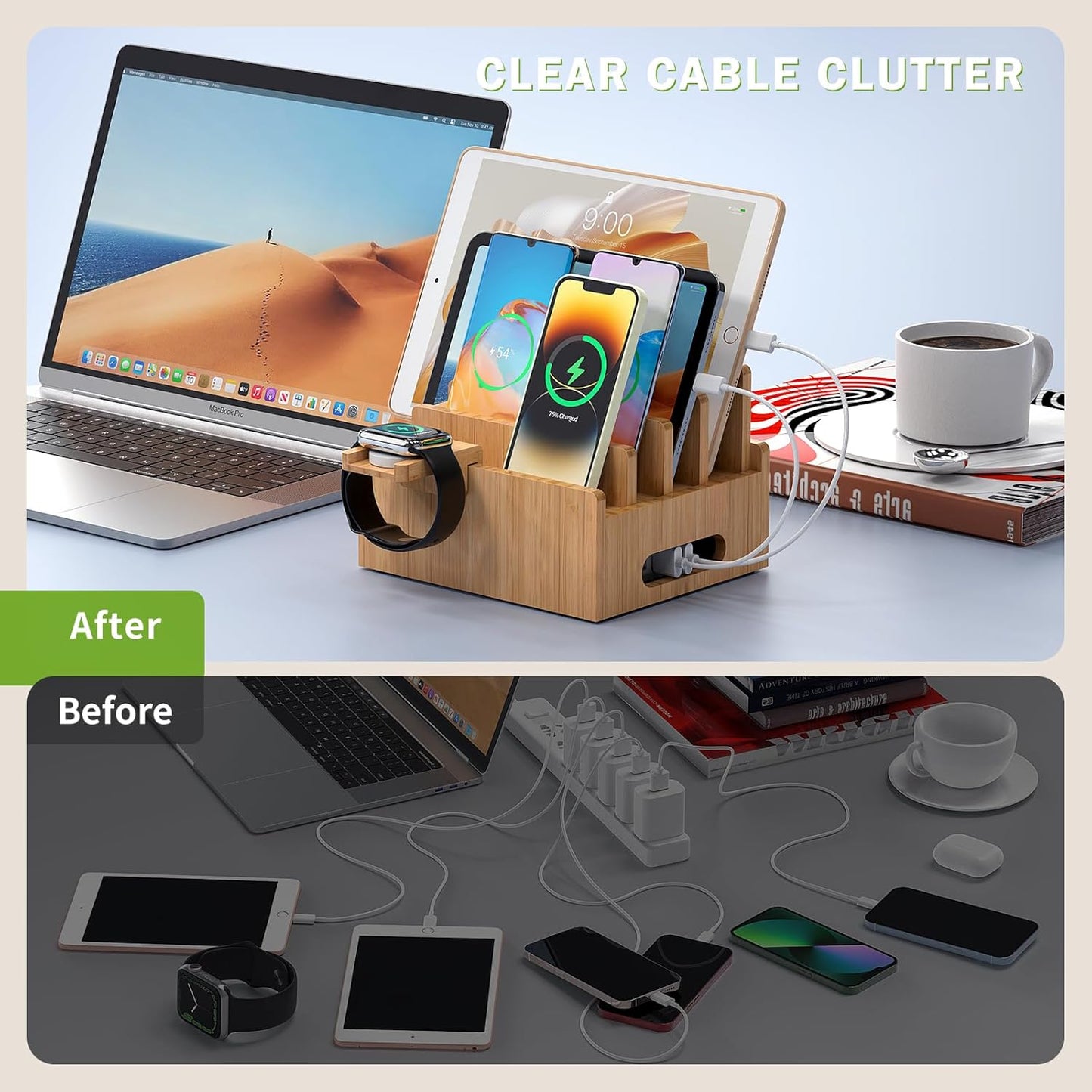 Pezin & Hulin Bamboo Charging Stations, Cell Phone Organizer for Multiple Devices, Tablets, Smart Watch, Included 5 Port USB Charger, Pack 5 Cables