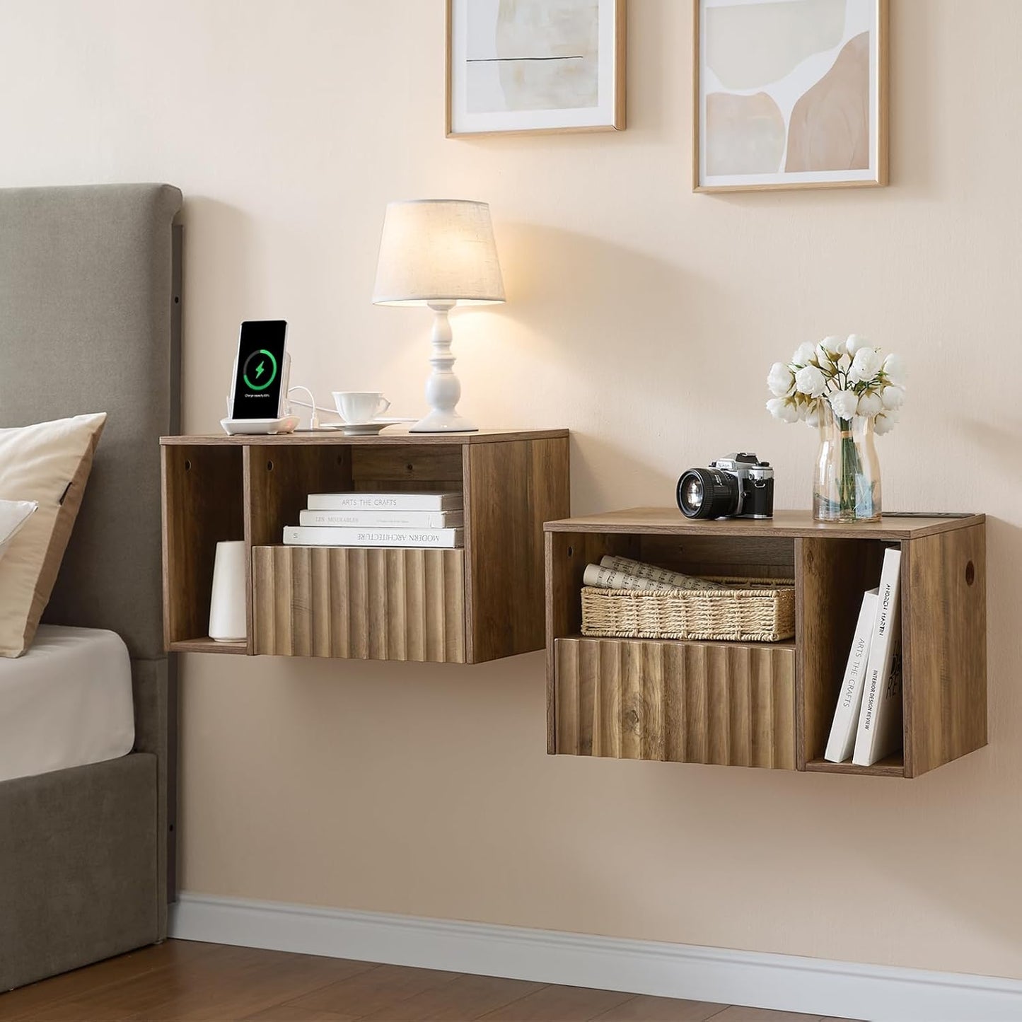 Floating Nightstand with Charging Station - Rustic Brown Wall Mounted Modern Fluted Bedside Table with Drawer, USB Ports & Outlets (Set of 2)