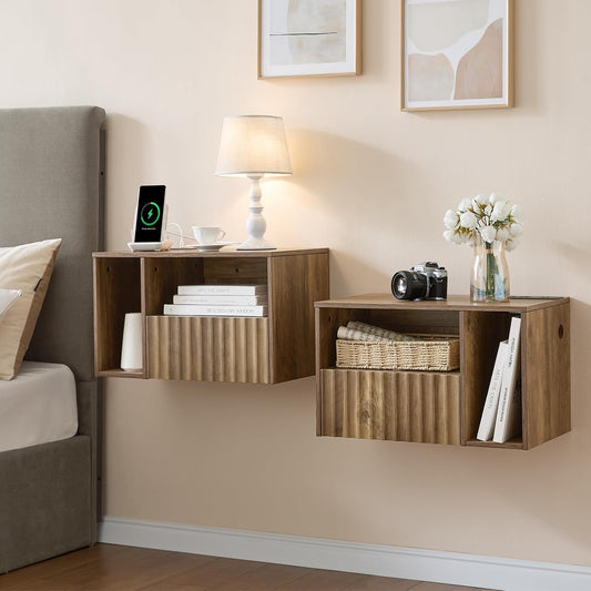 Floating Nightstand with Charging Station - Rustic Brown Wall Mounted Modern Fluted Bedside Table with Drawer, USB Ports & Outlets (Set of 2)