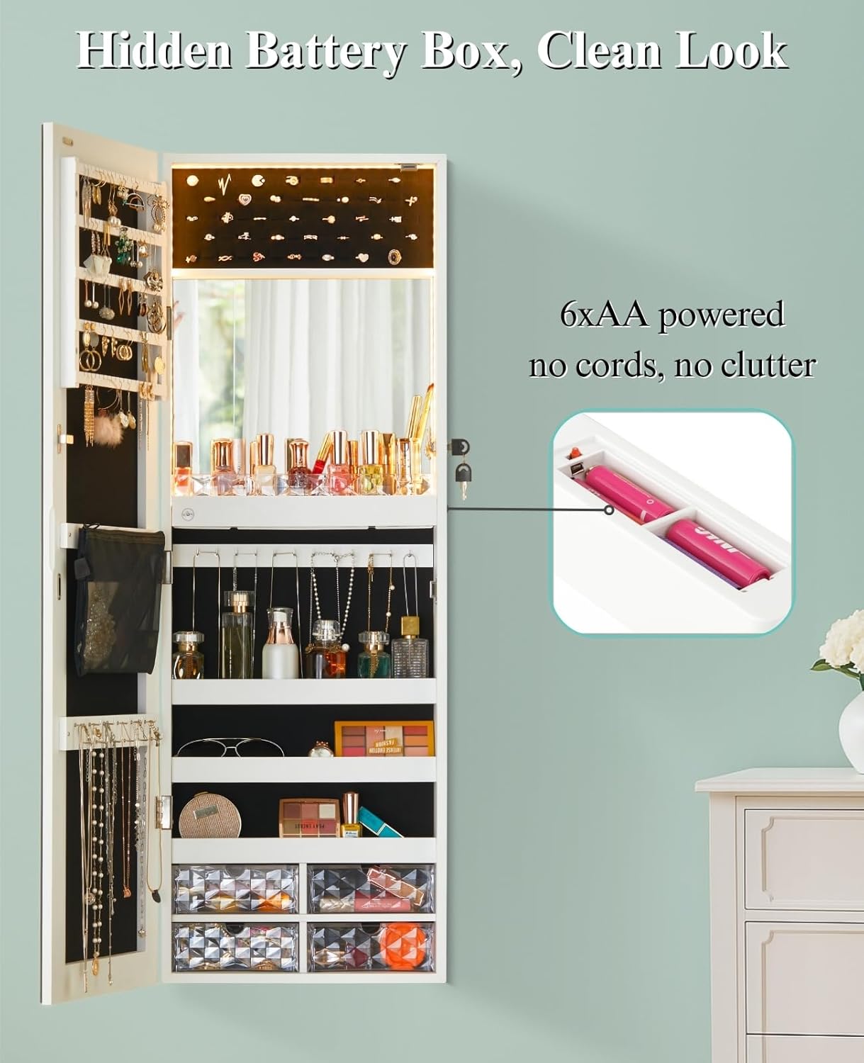 LUXFURNI Full Length Mirror with Storage, 79 LED Lights Mirror Jewelry Cabinet, Wall Mounted or Door-Hanging Jewelry Armoire Organizer with Mirror, Built-in Makeup Mirror, White
