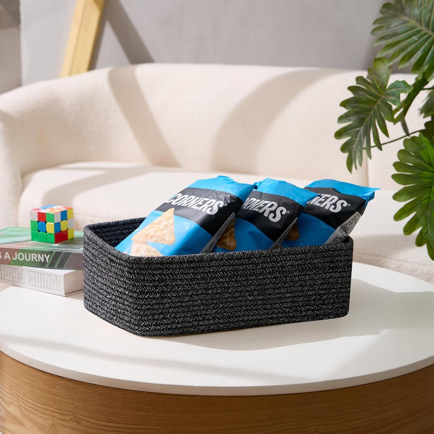 Large Shallow Organizing Baskets 15x11x5.1 Inches - Rope Woven Storage Bins for Bathroom, Shelves, Cube Closet, Mixed Black 4 Packs