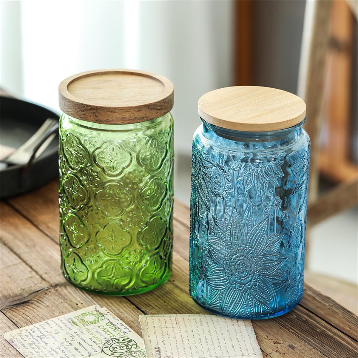 ANSQU Set of 2 Vintage Blue Glass Storage Jars with Wood Lids, 34oz Kitchen Canisters for Coffee, Sugar, Cookies, Candy – Decorative Pantry Organizers (Blue 2, 34 Ounces)
