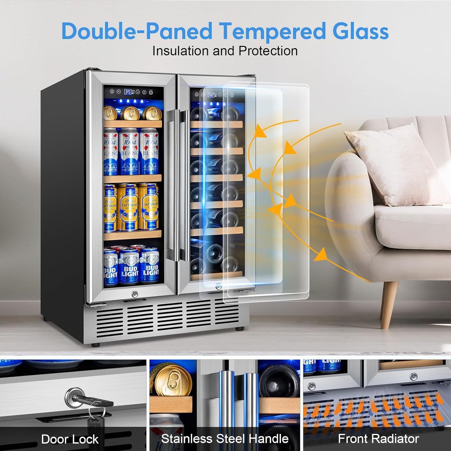 Wine and Beverage Refrigerator with Glass Door, 24-Inch Dual Zone Wine Fridge Under Counter - 18 Bottle and 88 Can Large Capacity Led Blue Light Smart Fast Cooling Wine Cooler