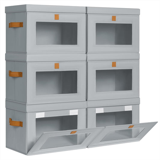 Small Fabric Storage bins - Collapsible Storage Bins with Open Window, 6 Pack Closet Baskets for Shelves, Stackable Decorative Boxes for Home, Dorm, Grey, 13.7"x 9.8" x 9.8"