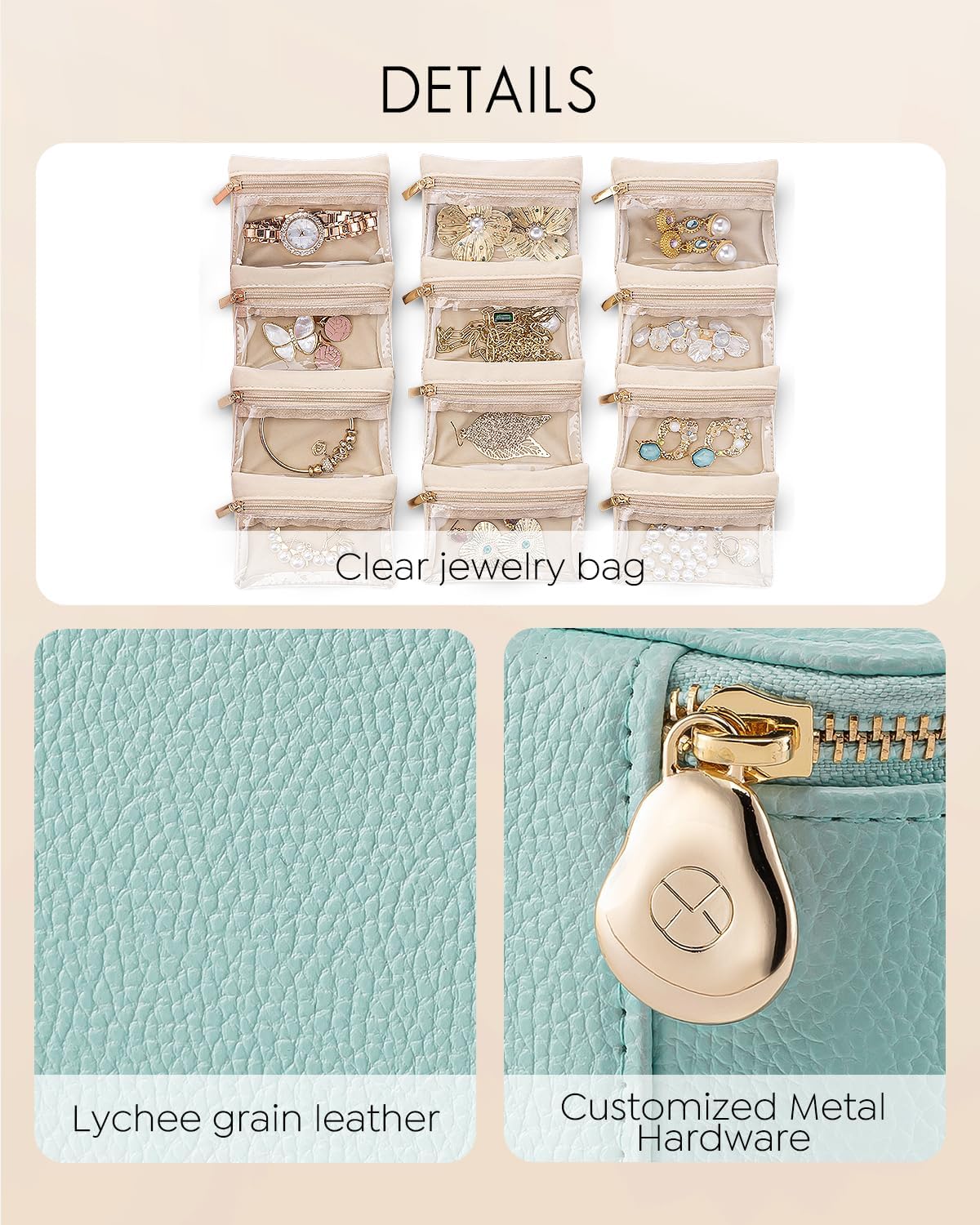 Vlando Travel Jewelry Organizer with 12 Velvet Jewelry Bags Travel Jewelry Case for Girls Jewelry Storage Necklace Rings Earrings Bags Gifts for Women Daughter Friends(Lake Blue)