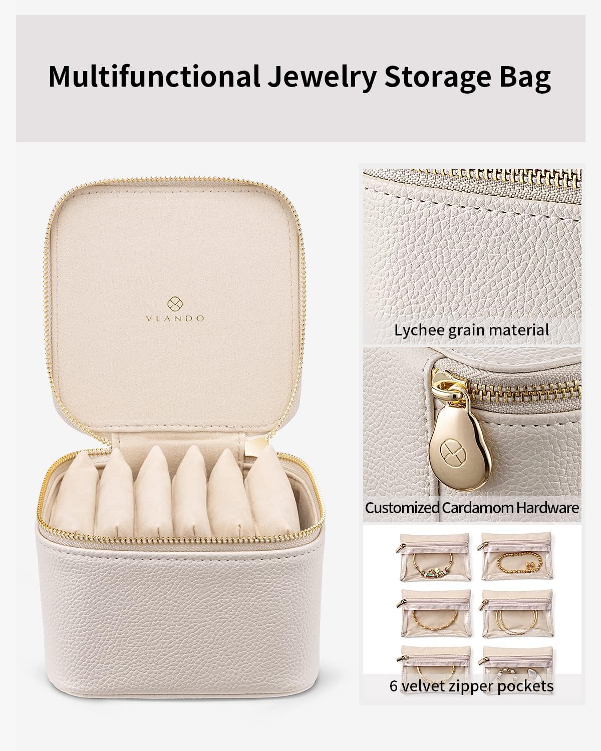 Vlando Small Jewelry Box Organizer,Travel Jewelry Storage with 6 Velvet Jewelry Zipper Pockets,Travel Jewelry Case Valentines Gifts Birthday Gifts for Women Girls (White)