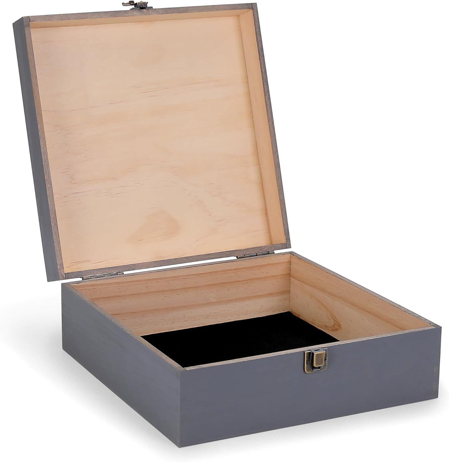 makerflo Medium Grey Pine Wood Memory Box with Hinged with Clasp, Black Felt Inside, Keepsake Wooden Box Ideal for Craft and Personalization (Laser Engraving, Epoxy, UV DTF, and Vinyl) – Pack of 1