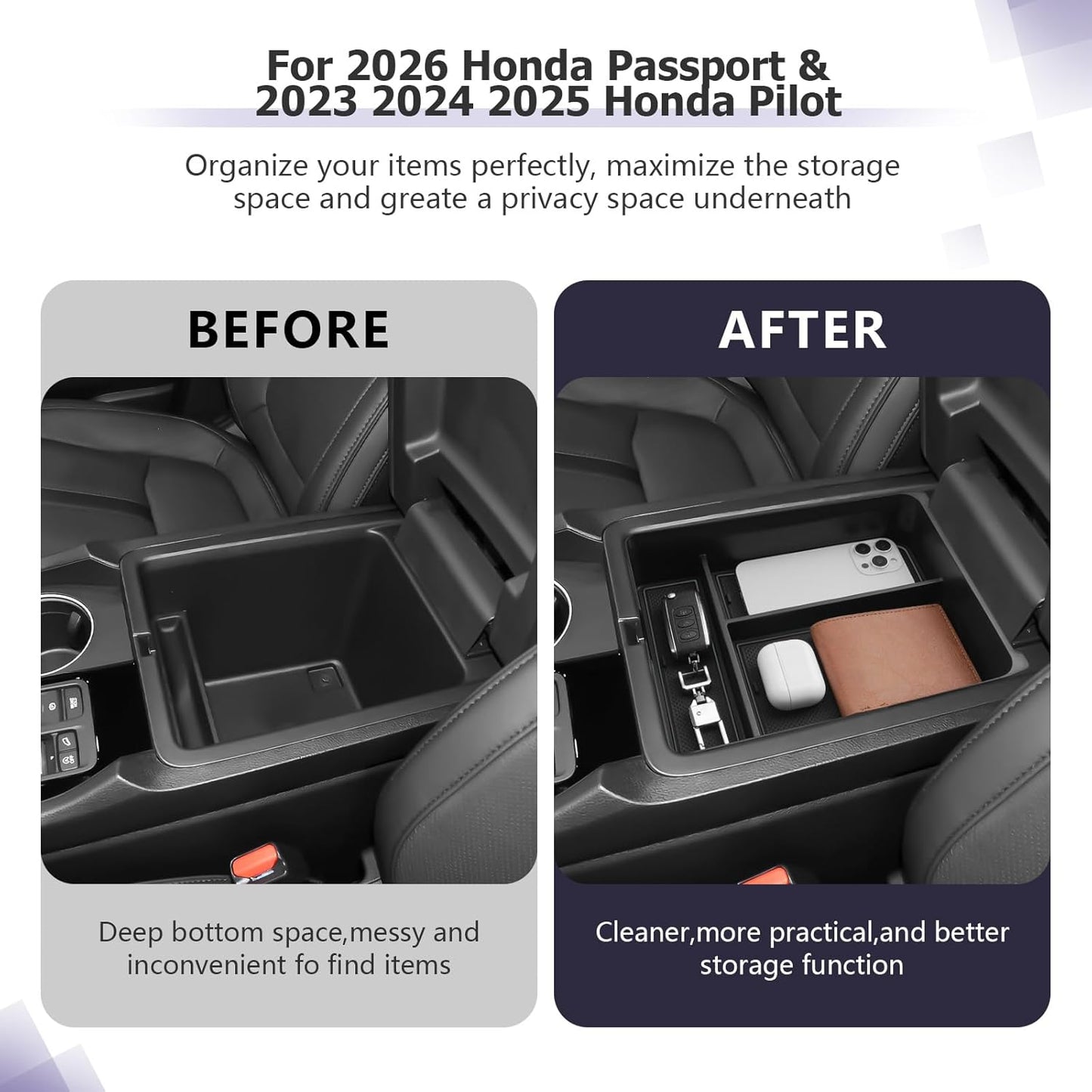 LUWU 2026 Passport Center Console Organizer Compatible with 2024 2025 2026 Honda Passport & 2023 2024 2025 Pilot & 2024 2025 Ridgeline Accessories Armrest Console Organizer Armrest Insert Tray (Black)