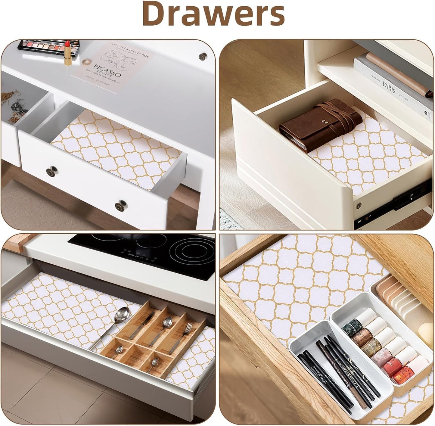 Shelf Drawer Liners for Kitchen Cabinets Non Adhesive Drawer Liner Thickened Refrigerator Liner Gold Quatrefoil Strong Non-Slip Paper for Tool Box with Knife and Tape Measure,23.6 x 354.3 Inches